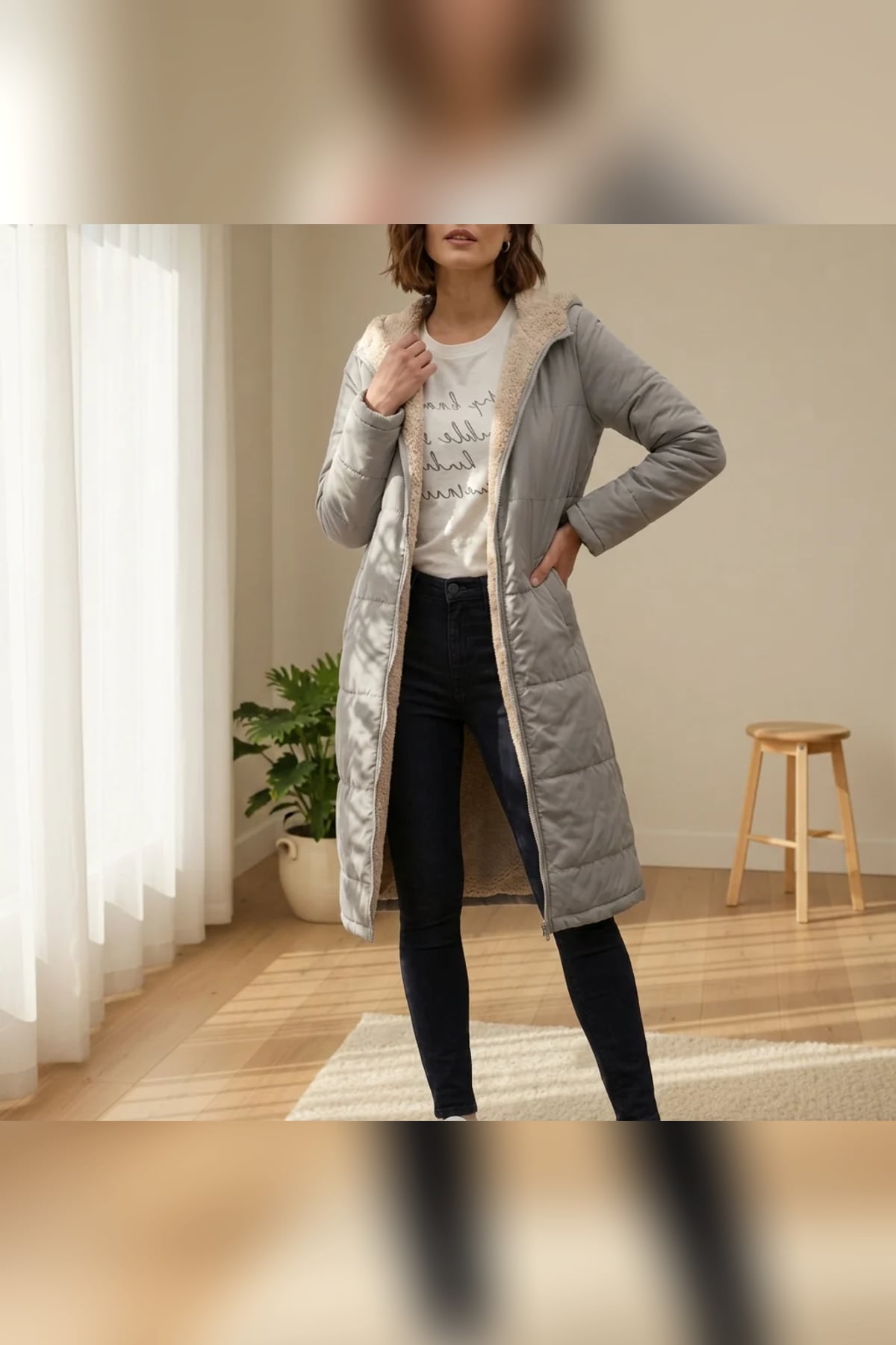 manteau femme longue coupe droite à capuche en gris clair