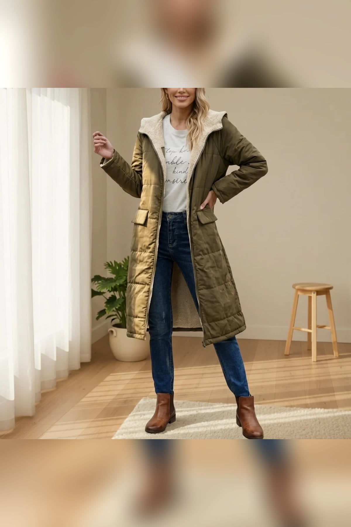 manteau femme longue coupe droite à capuche en vert foncé
