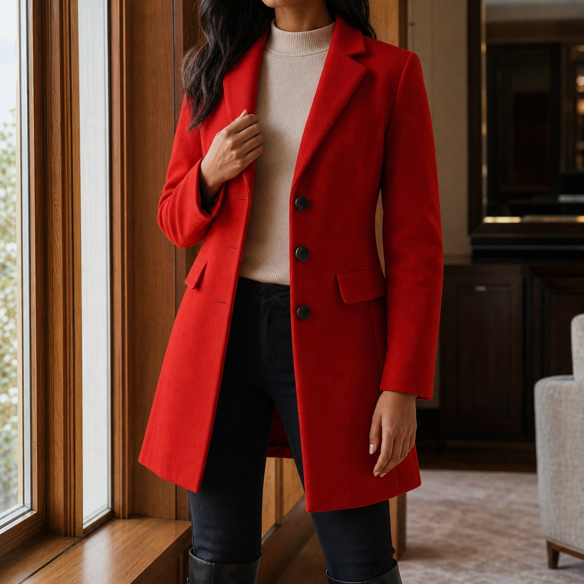 manteau femme mi-long ajusté col à revers en rouge