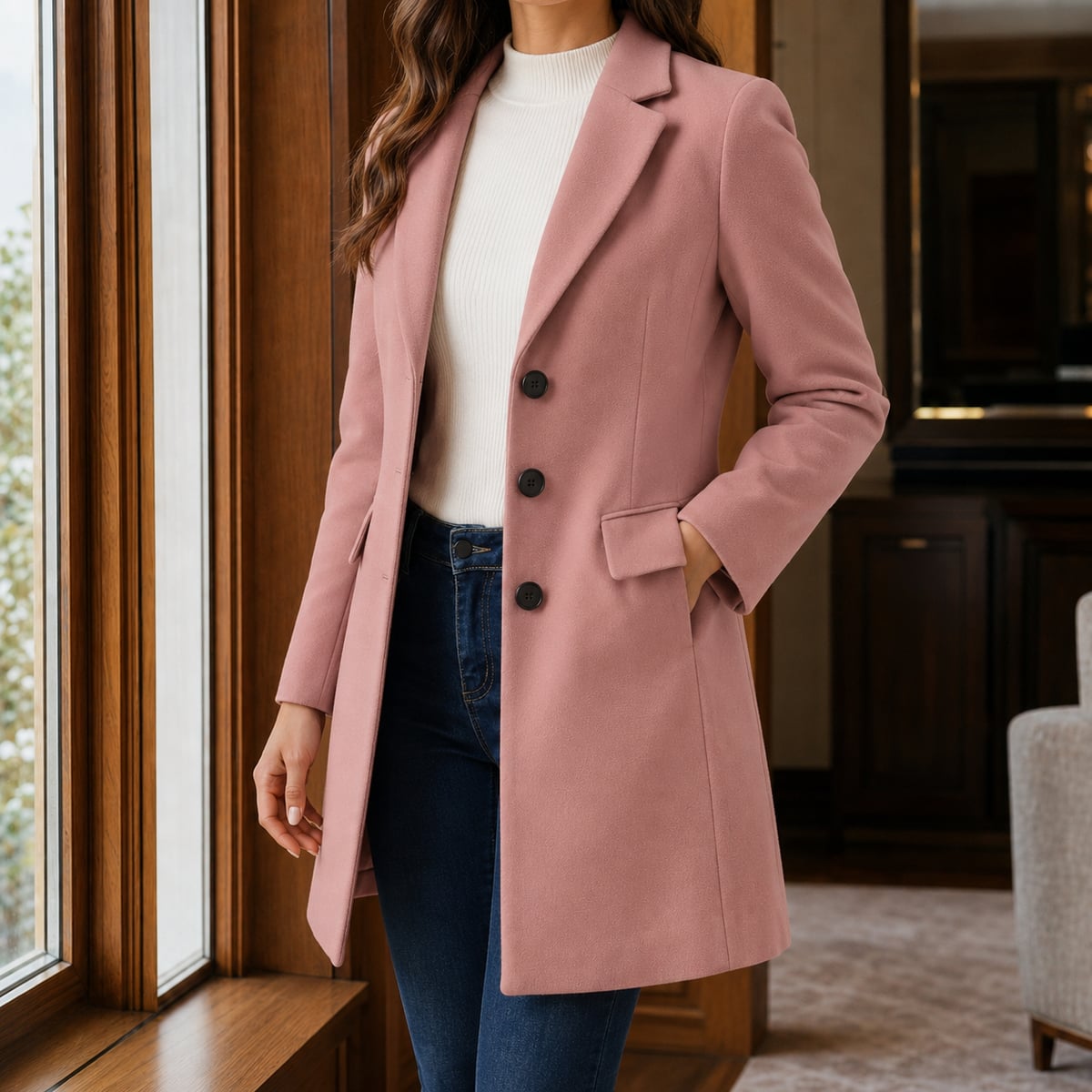 manteau femme mi-long ajusté col à revers en rose