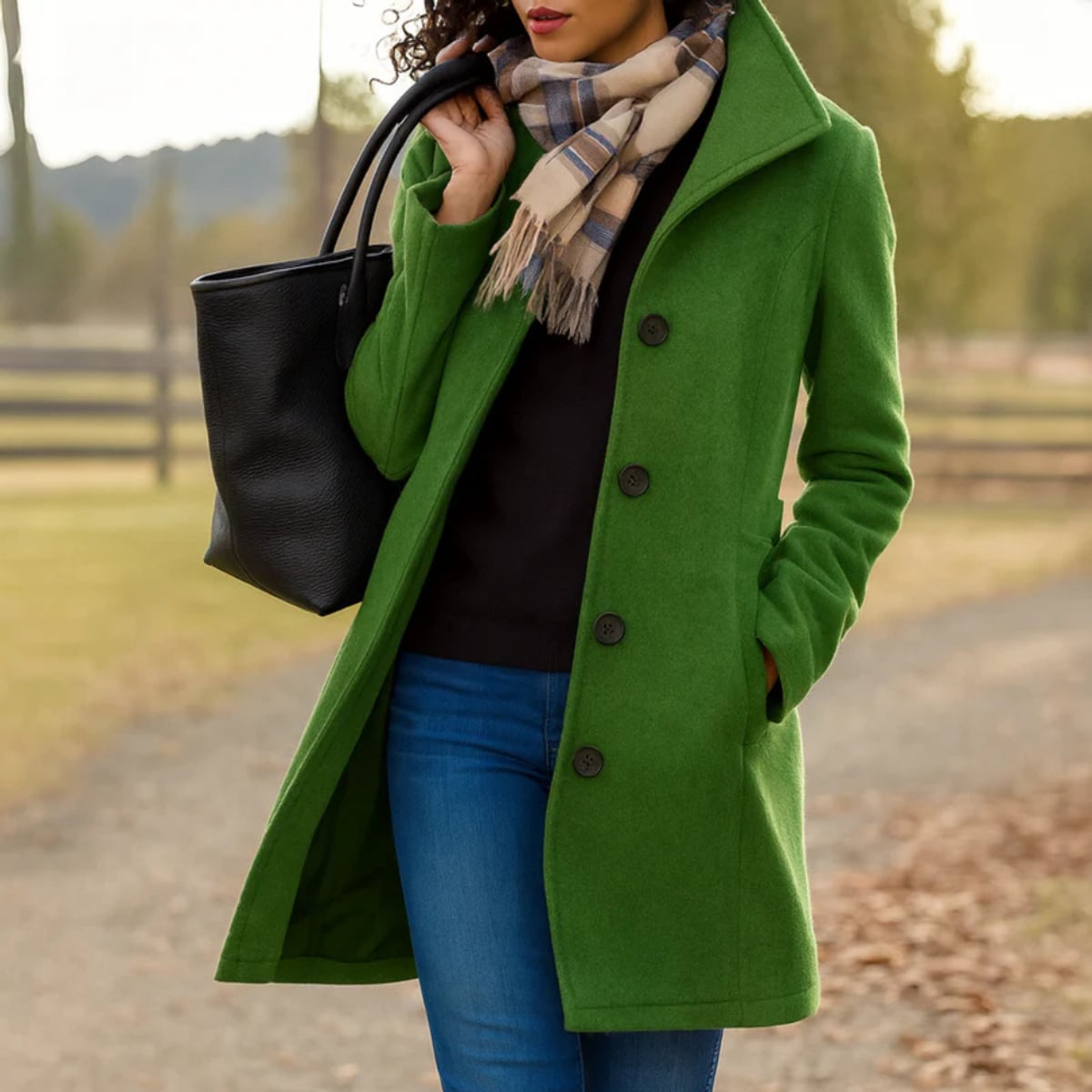 manteau femme mi-long boutonnage simple en vert mousse