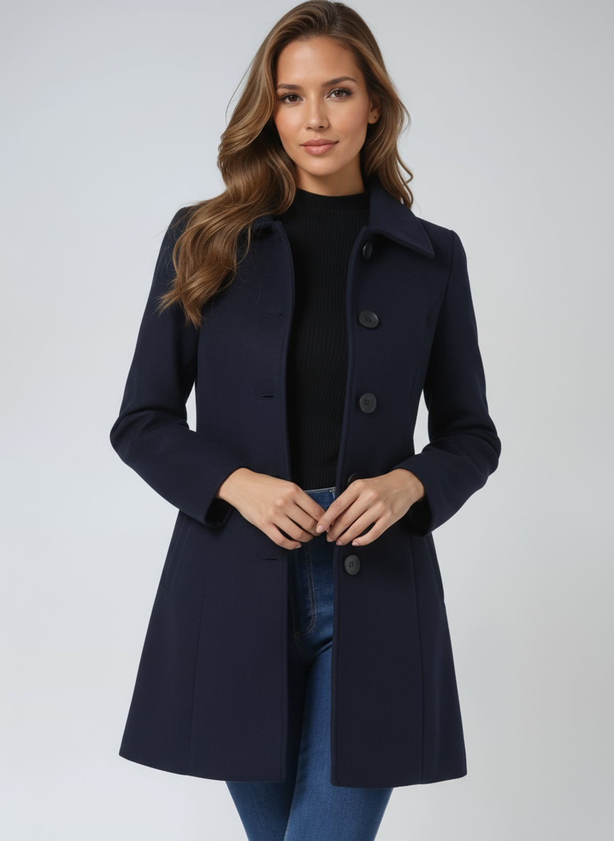 manteau femme mi-long coupe trapèze en bleu foncé