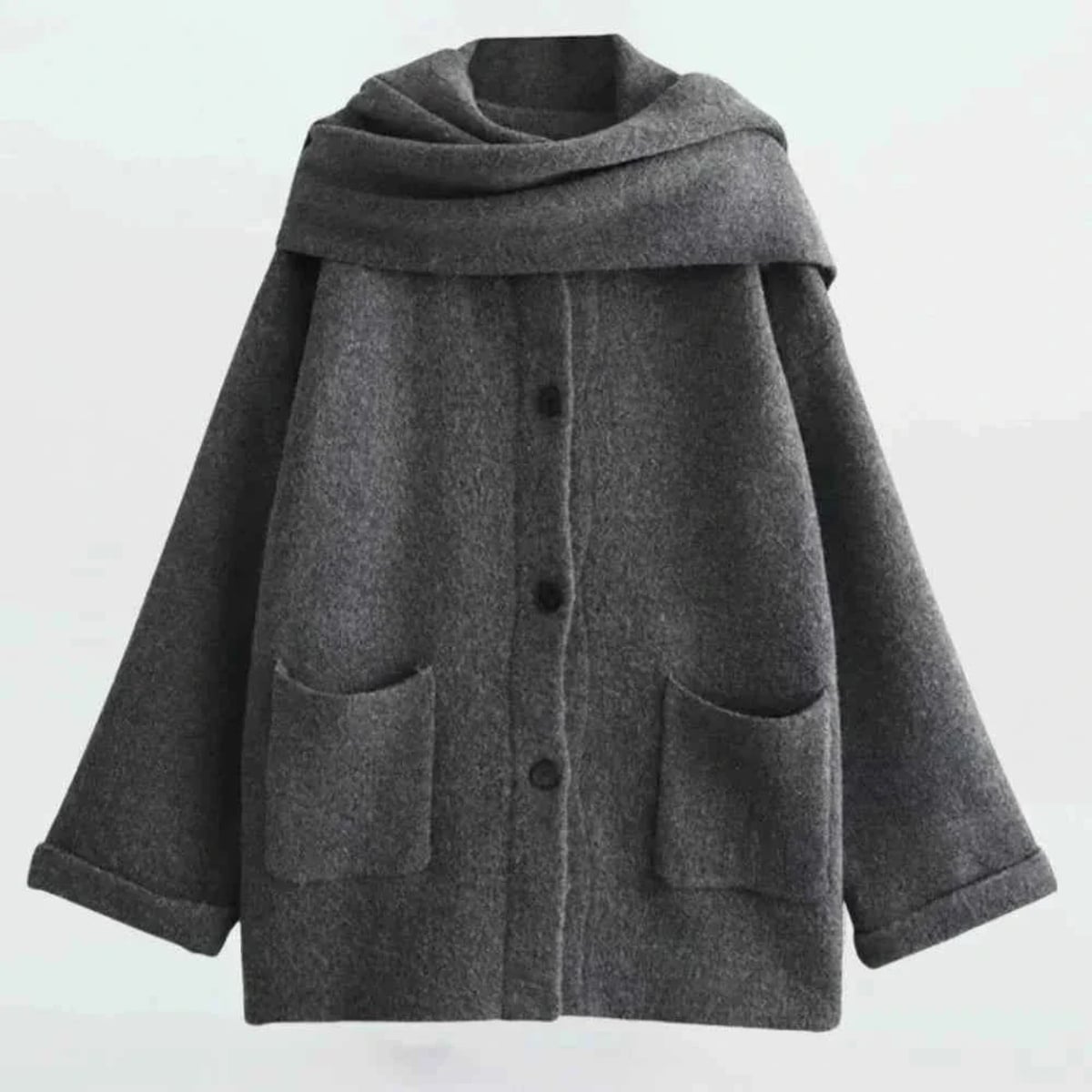 manteau femme oversize à écharpe intégrée en gris foncé