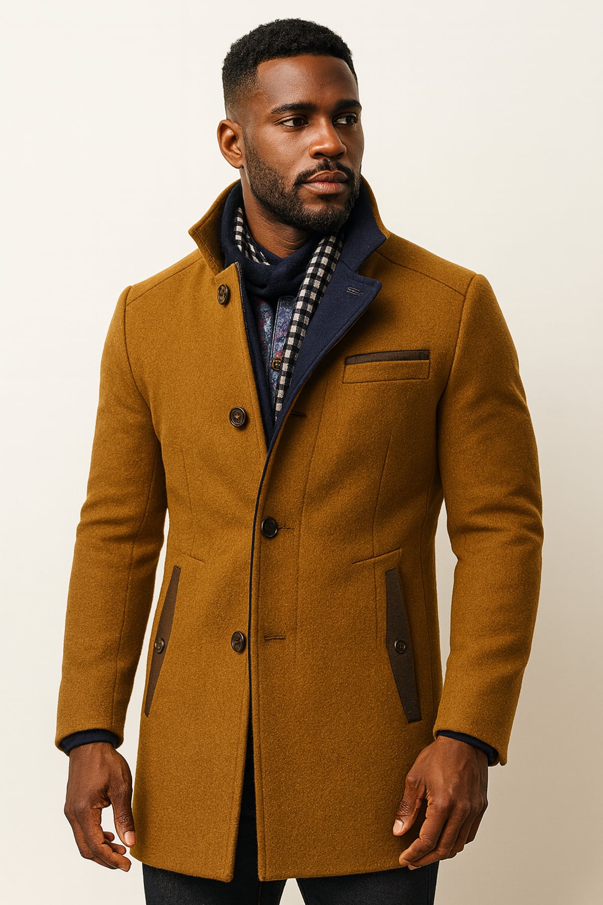manteau homme chaud col montant coupe droite en marron
