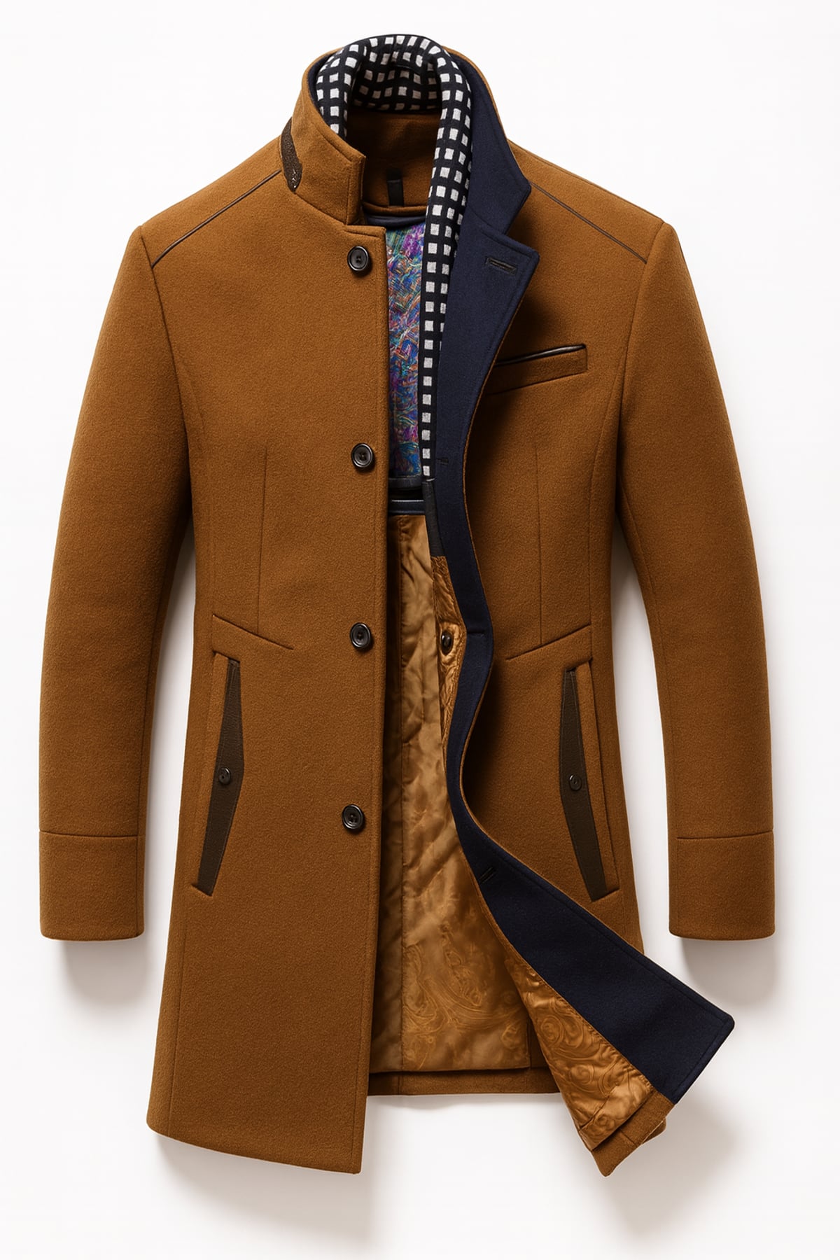 manteau homme chaud col montant coupe droite en marron