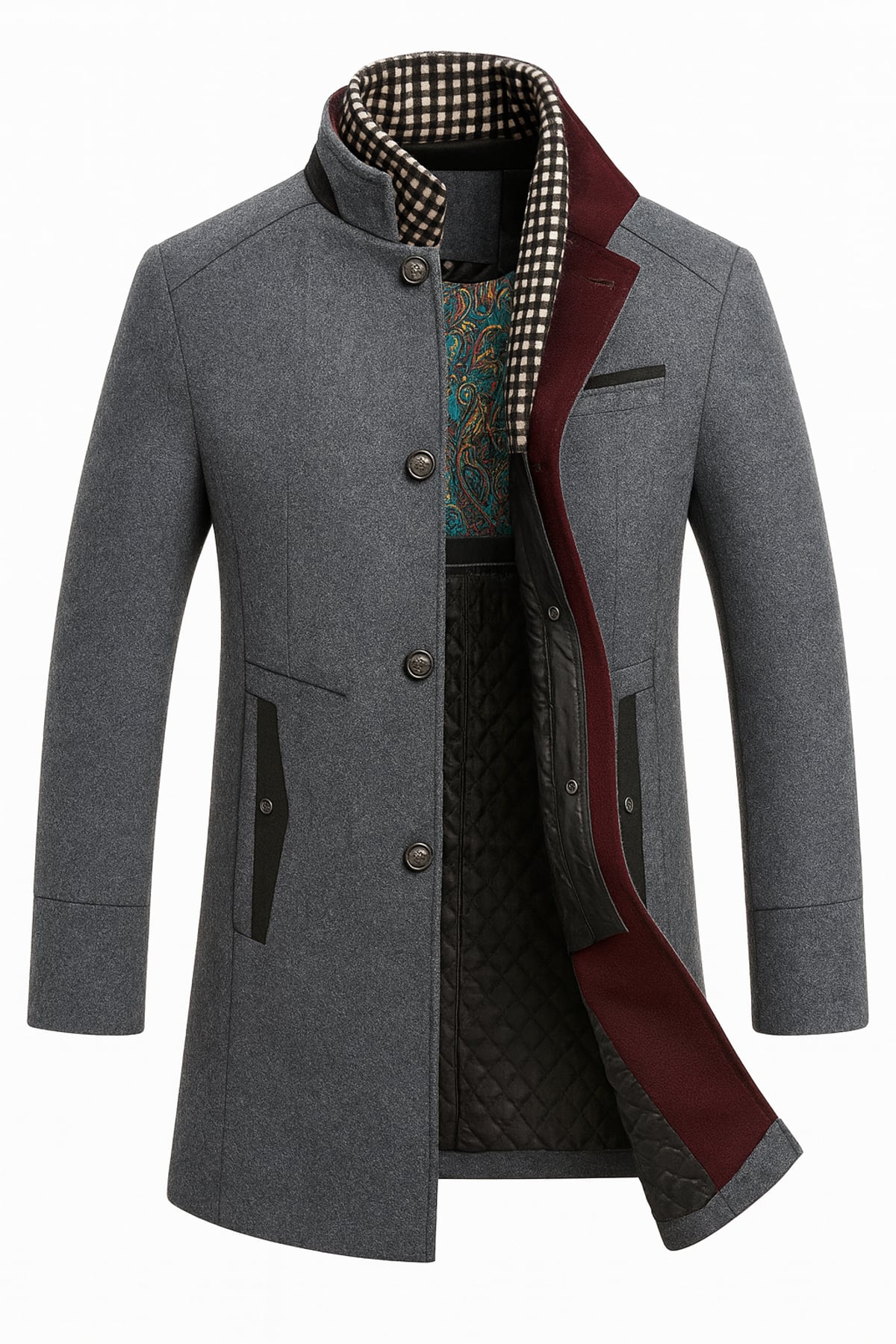 manteau homme chaud col montant coupe droite en gris