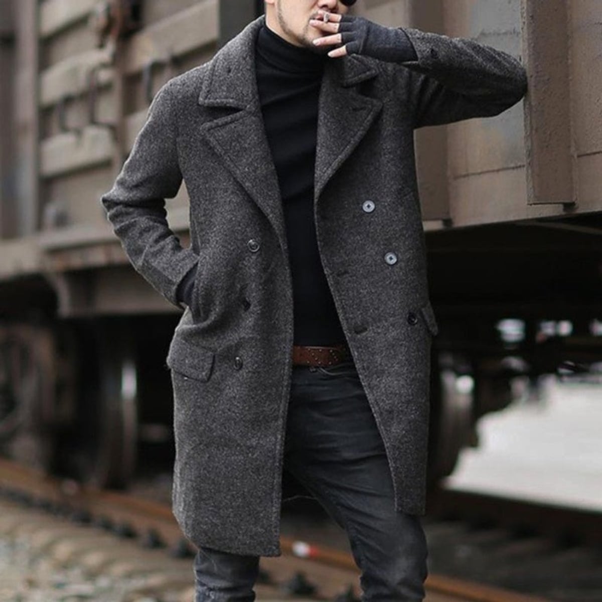 manteau homme long coupe droite croisé en gris foncé