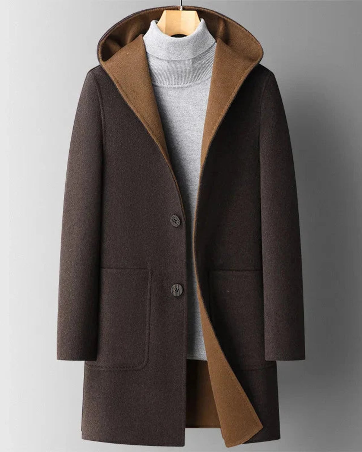 manteau long femme à capuche coupe droite en brun foncé