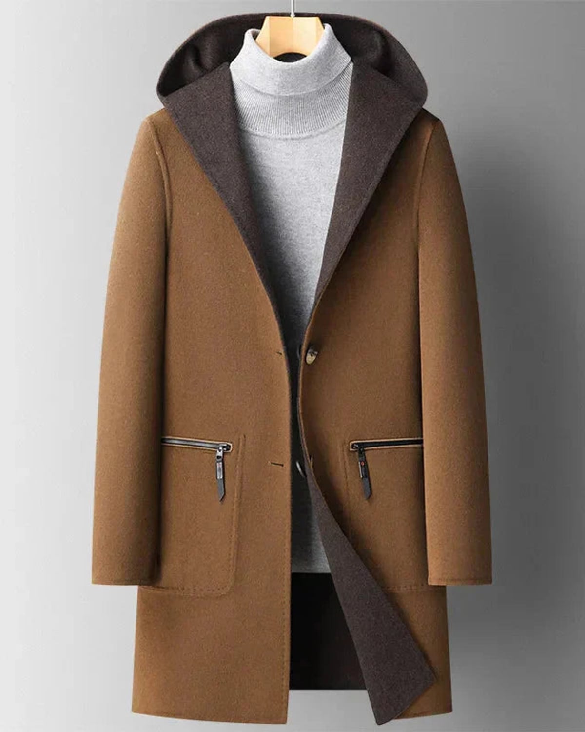 manteau long femme à capuche coupe droite en brun