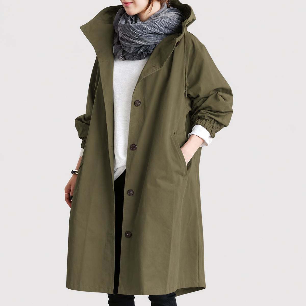 manteau long femme oversize à capuche en vert kaki