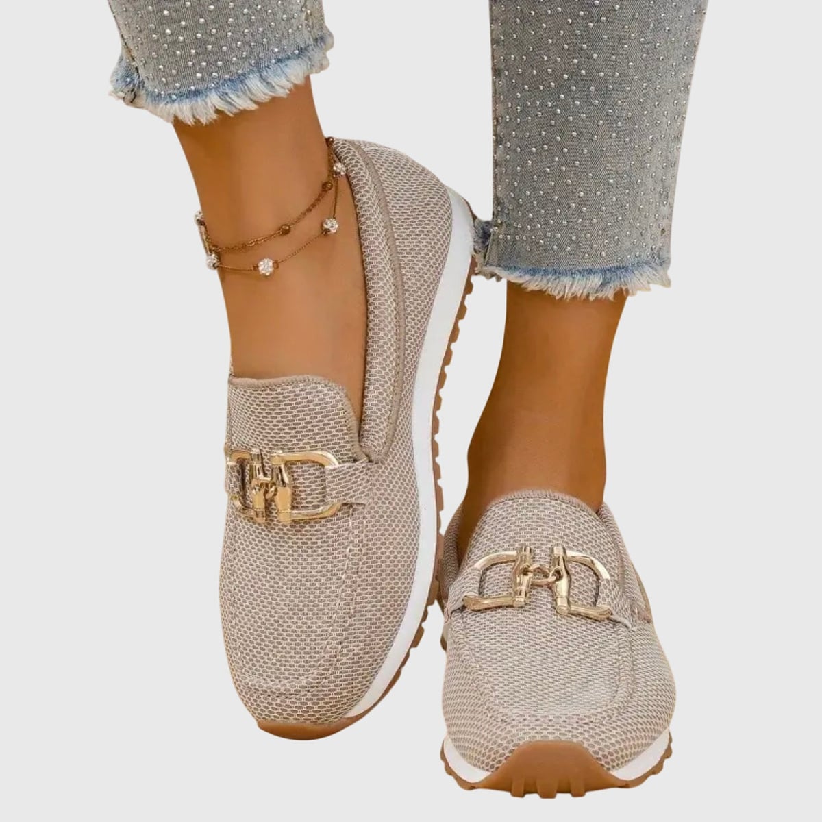 mocassin femme sans lacets boucle dorée en beige