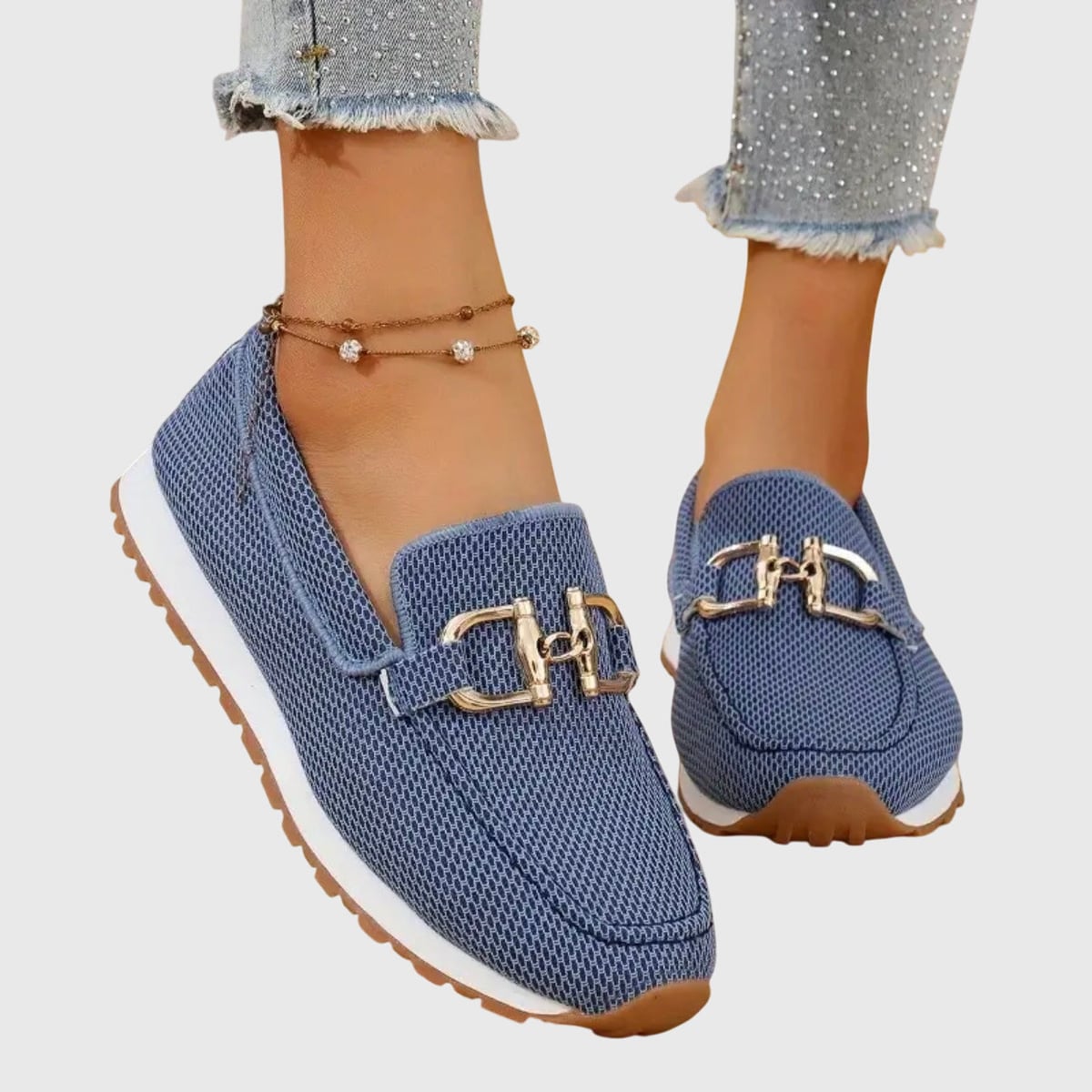 mocassin femme sans lacets boucle dorée en bleu
