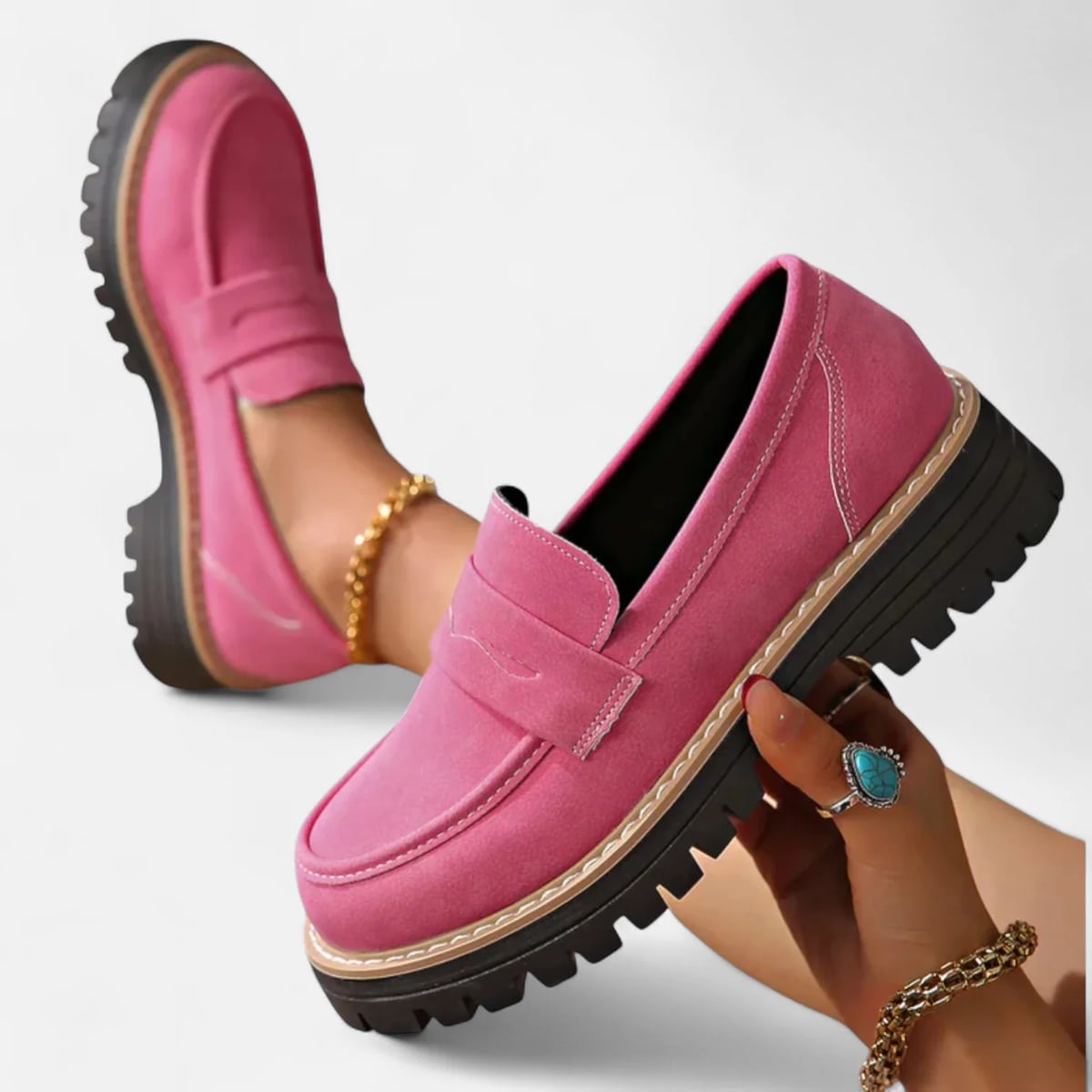 mocassin femme semelle plateforme crantée en rose