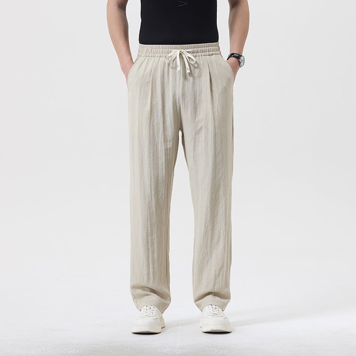 pantalon homme coupe droite taille élastiquée en kaki style1