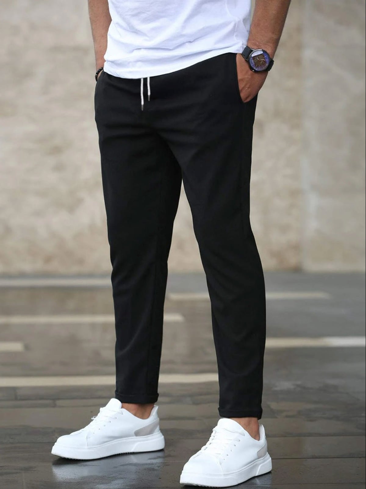 pantalon homme coupe droite taille mi-haute en noir