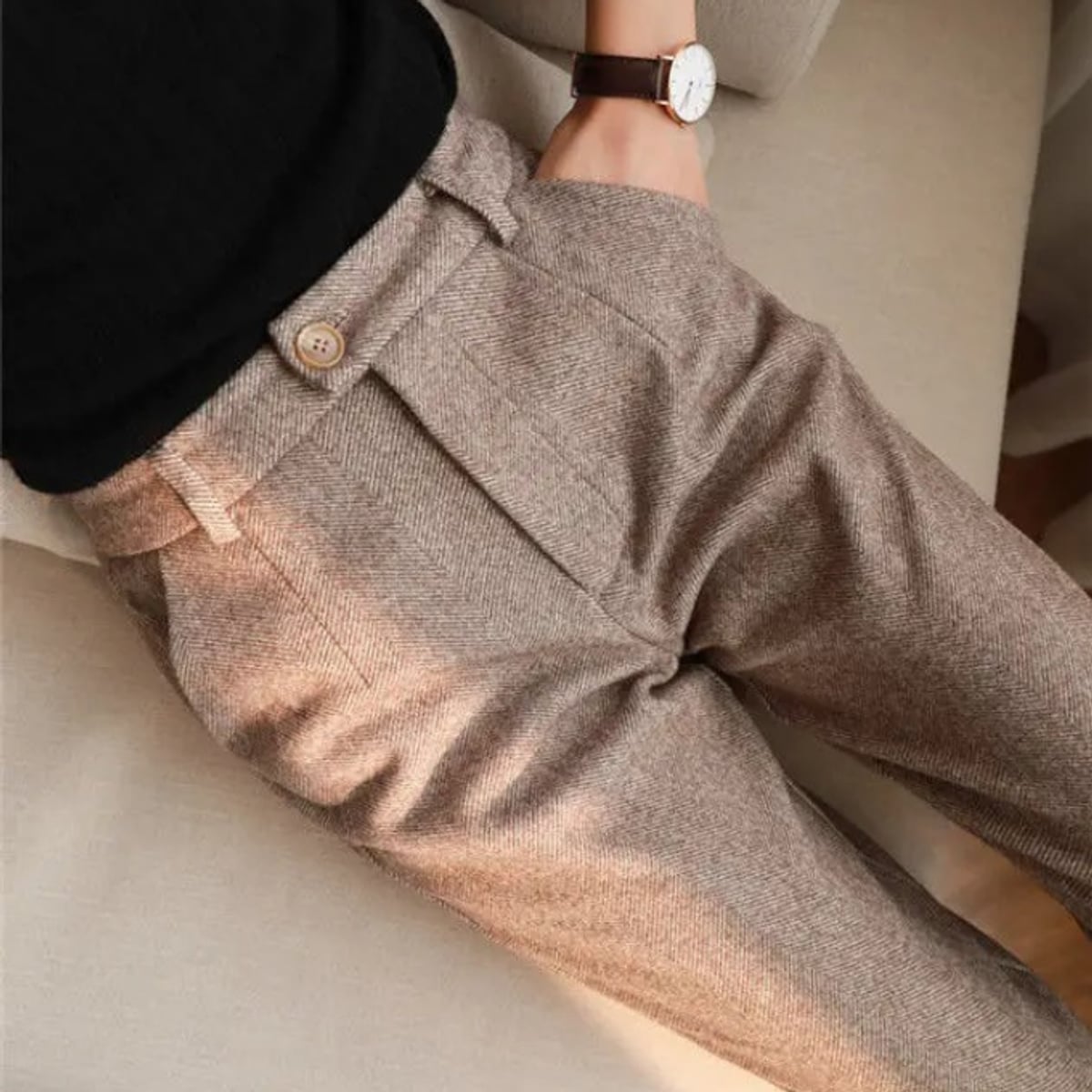 pantalon homme taille haute chevrons en marron