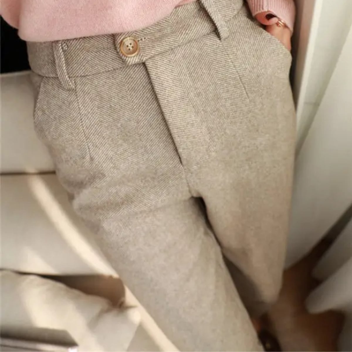 pantalon homme taille haute chevrons en beige