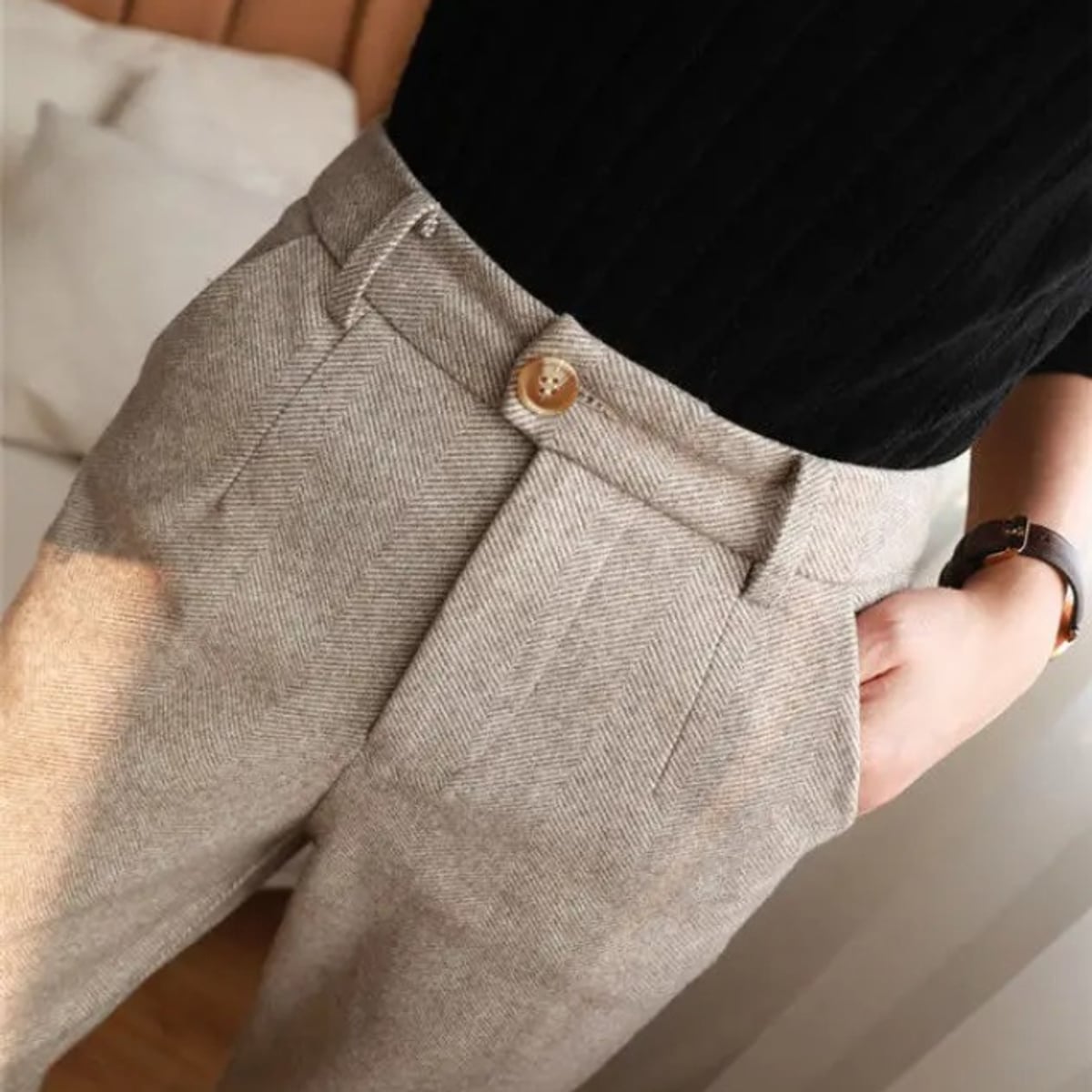 pantalon homme taille haute chevrons en beige