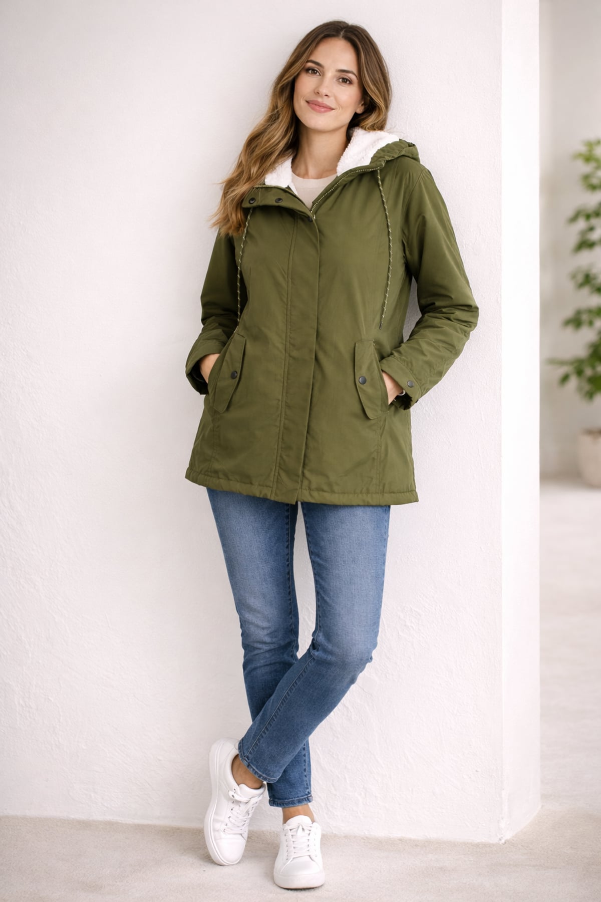 parka femme à capuche coupe mi-longue en vert