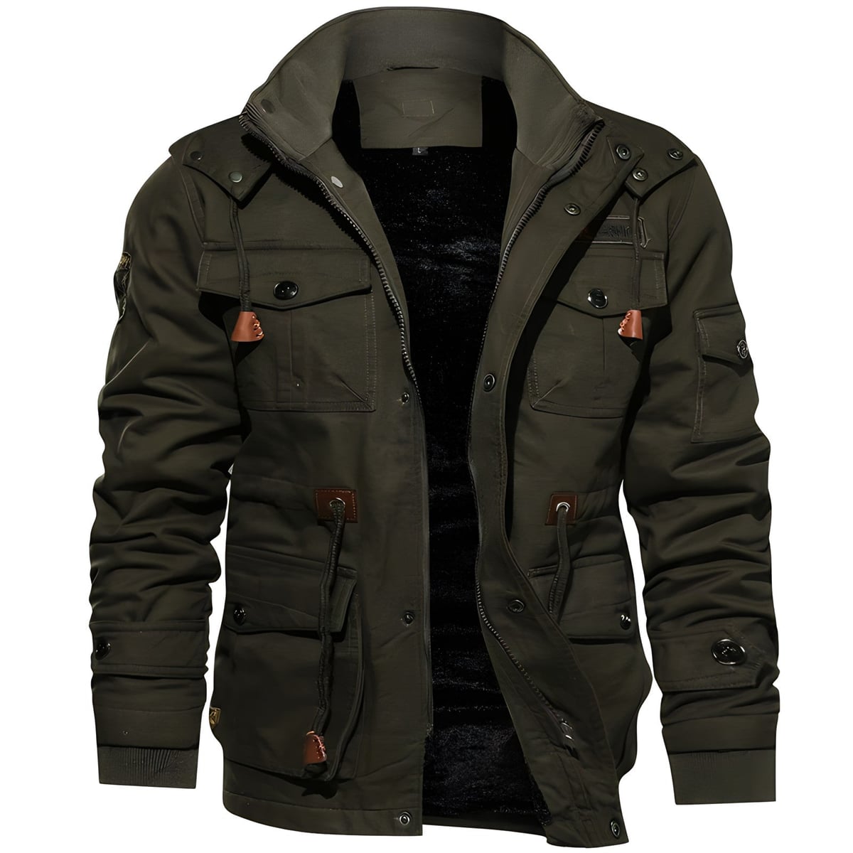 parka homme doublée à capuche multi-poches en vert foncé