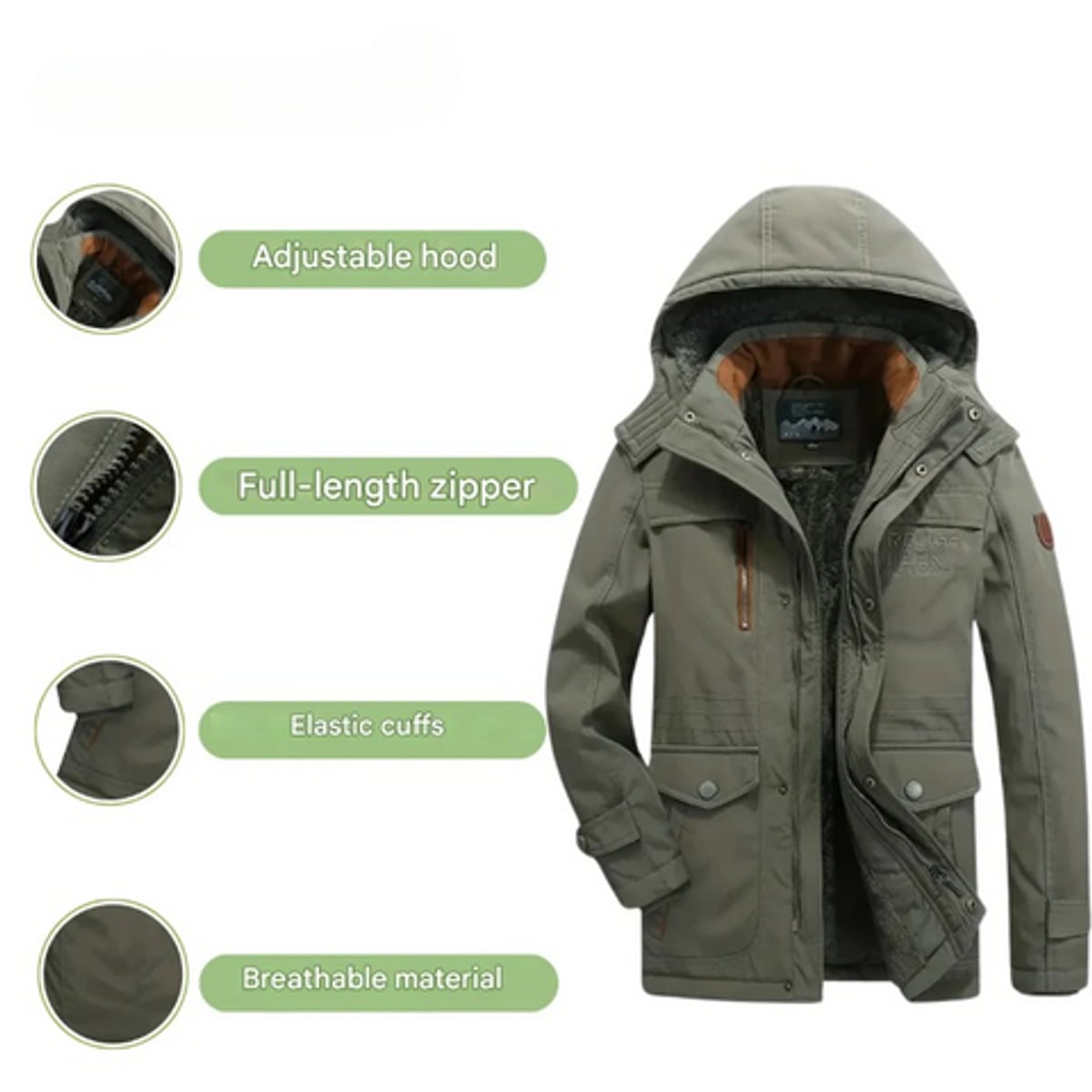 parka homme hiver imperméable à capuche doublée en vert