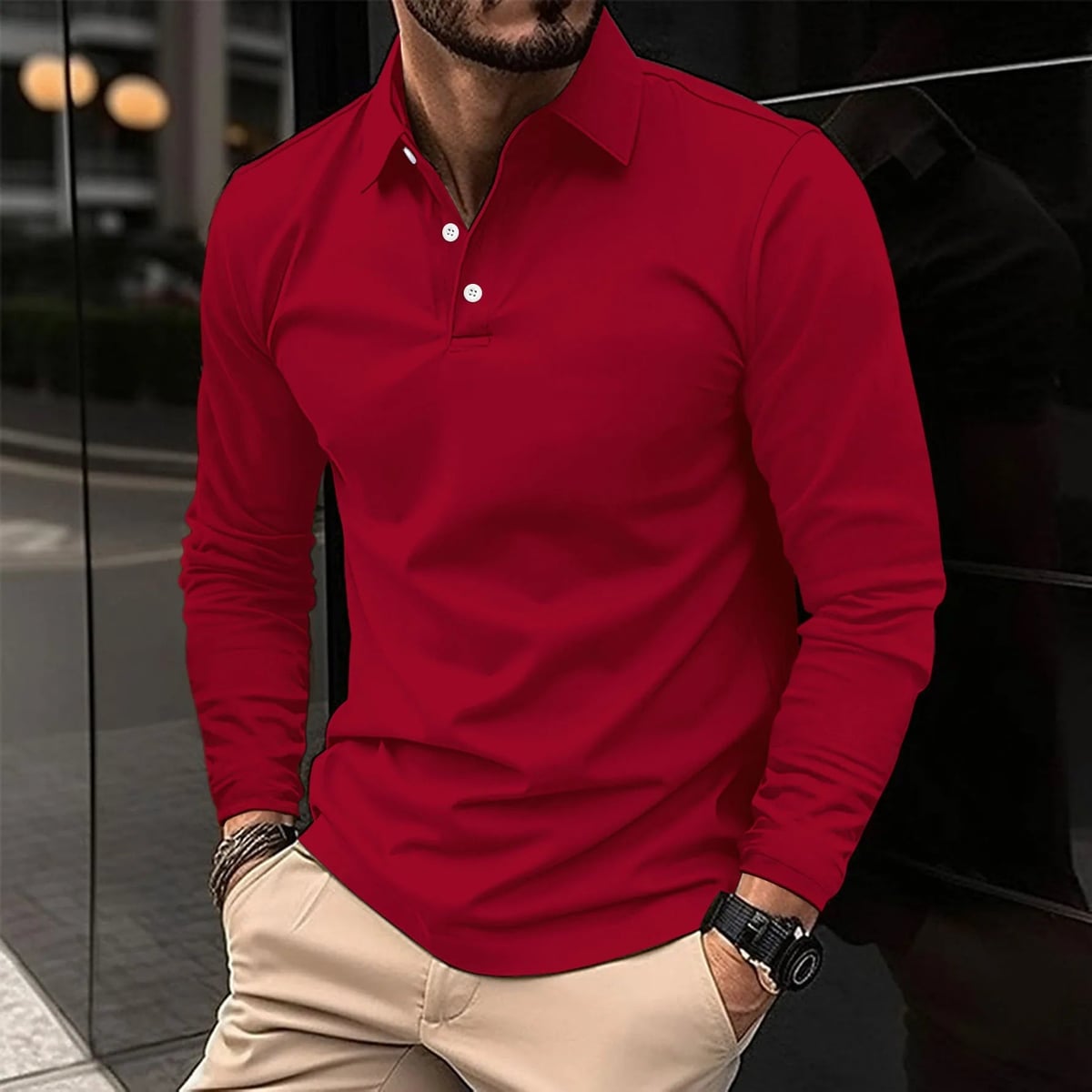 polo homme manche longue coupe classique en rouge