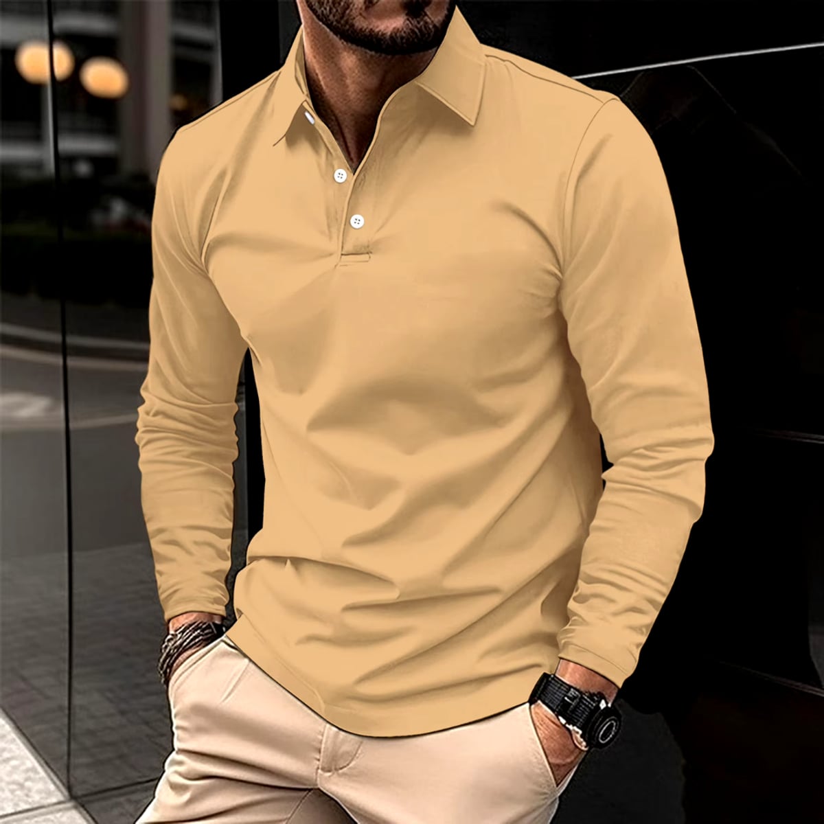 polo homme manche longue coupe classique en beige