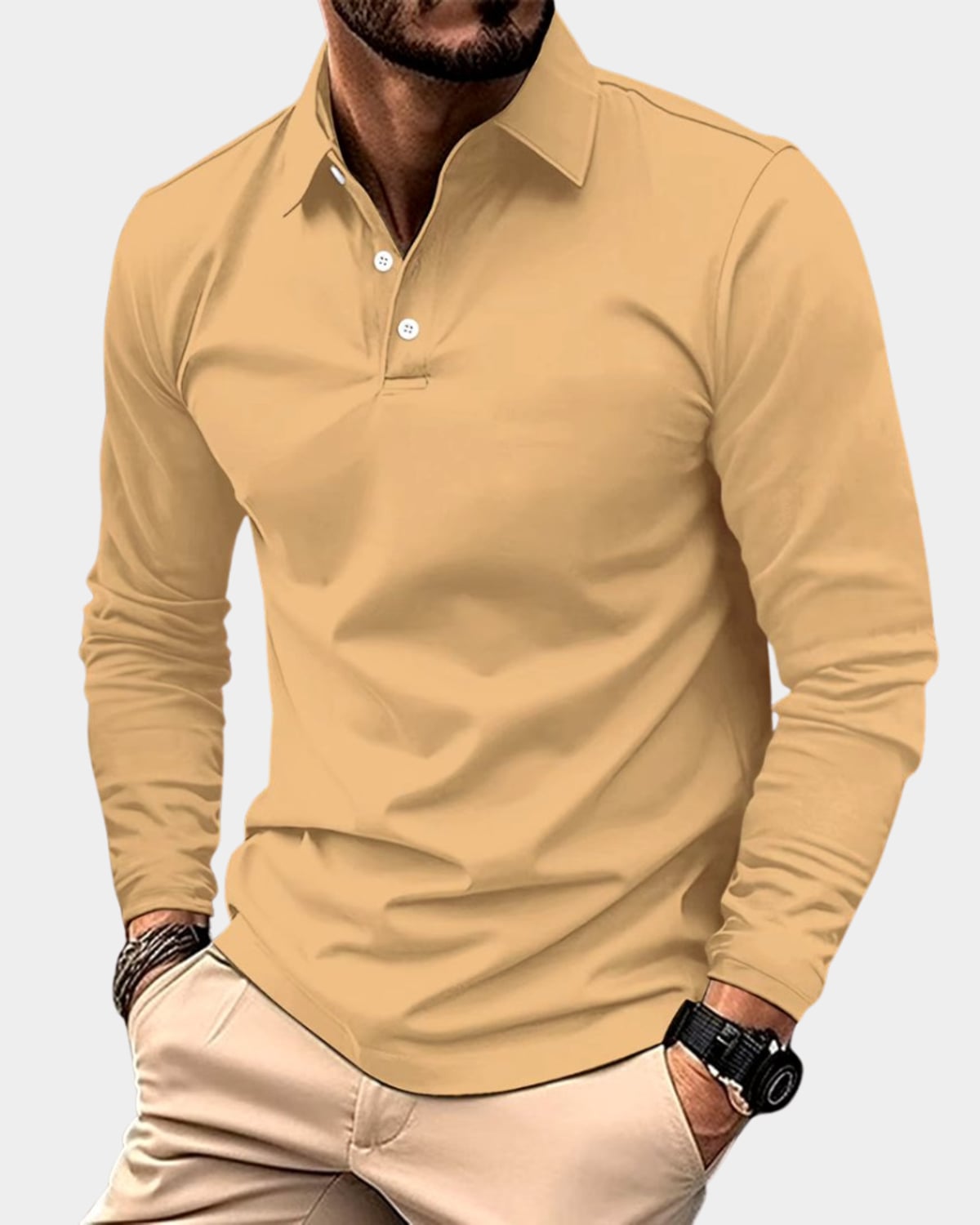polo homme manches longues col boutonné en jaune