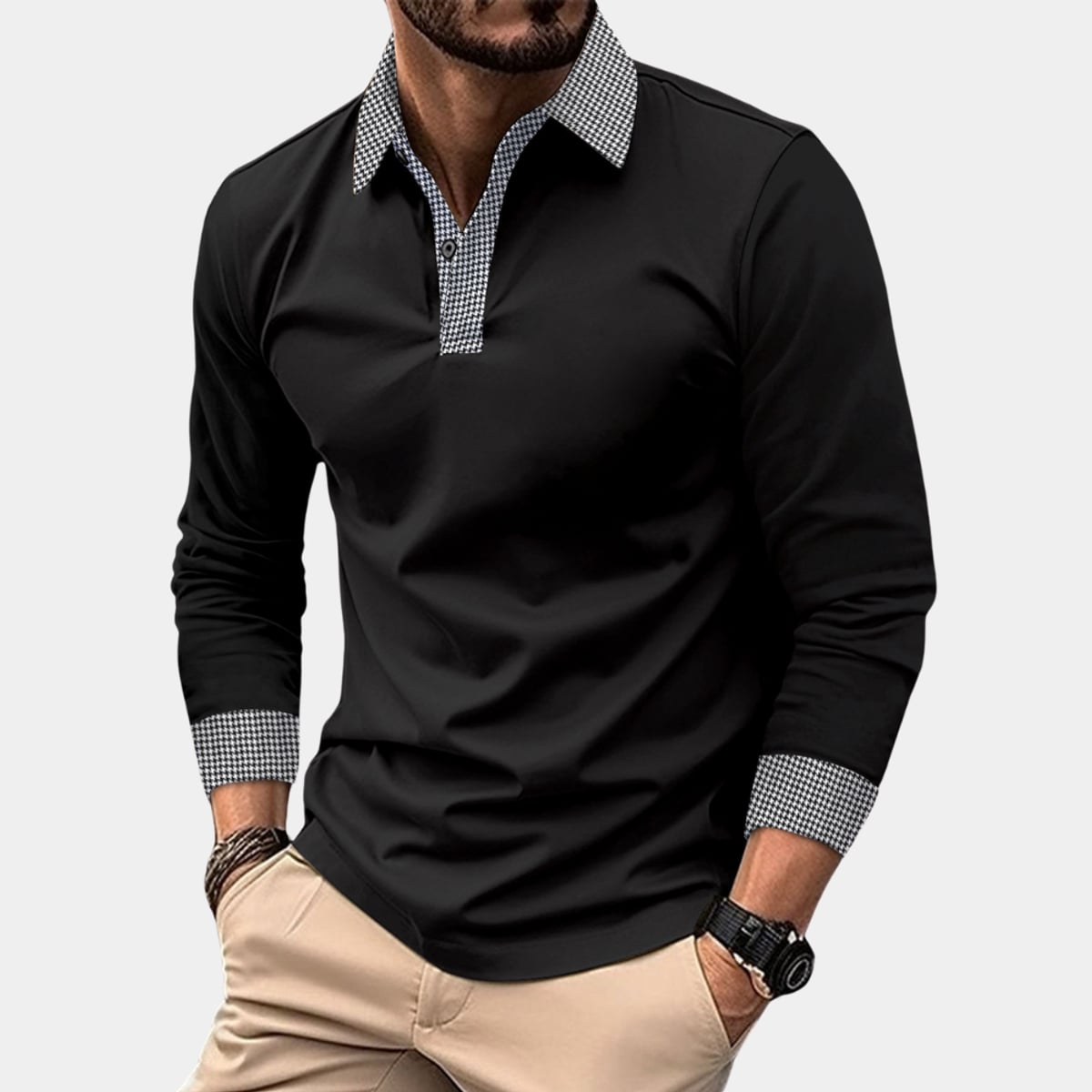 polo homme manches longues col contrasté en noir