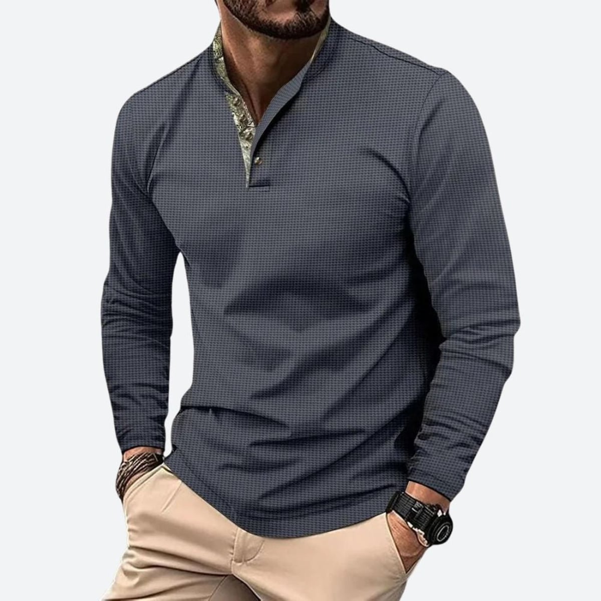 polo homme manches longues col montant en gris