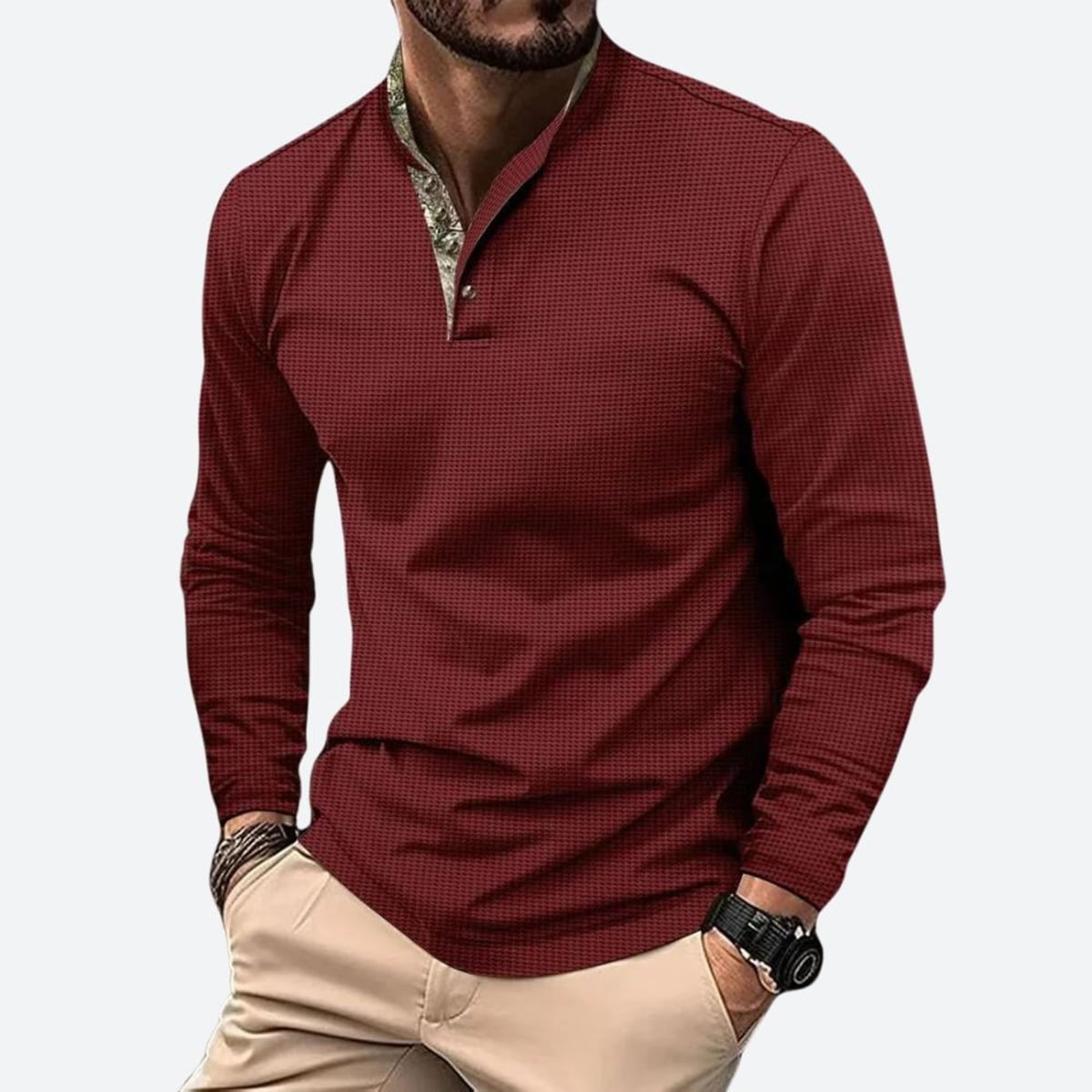 polo homme manches longues col montant en rouge