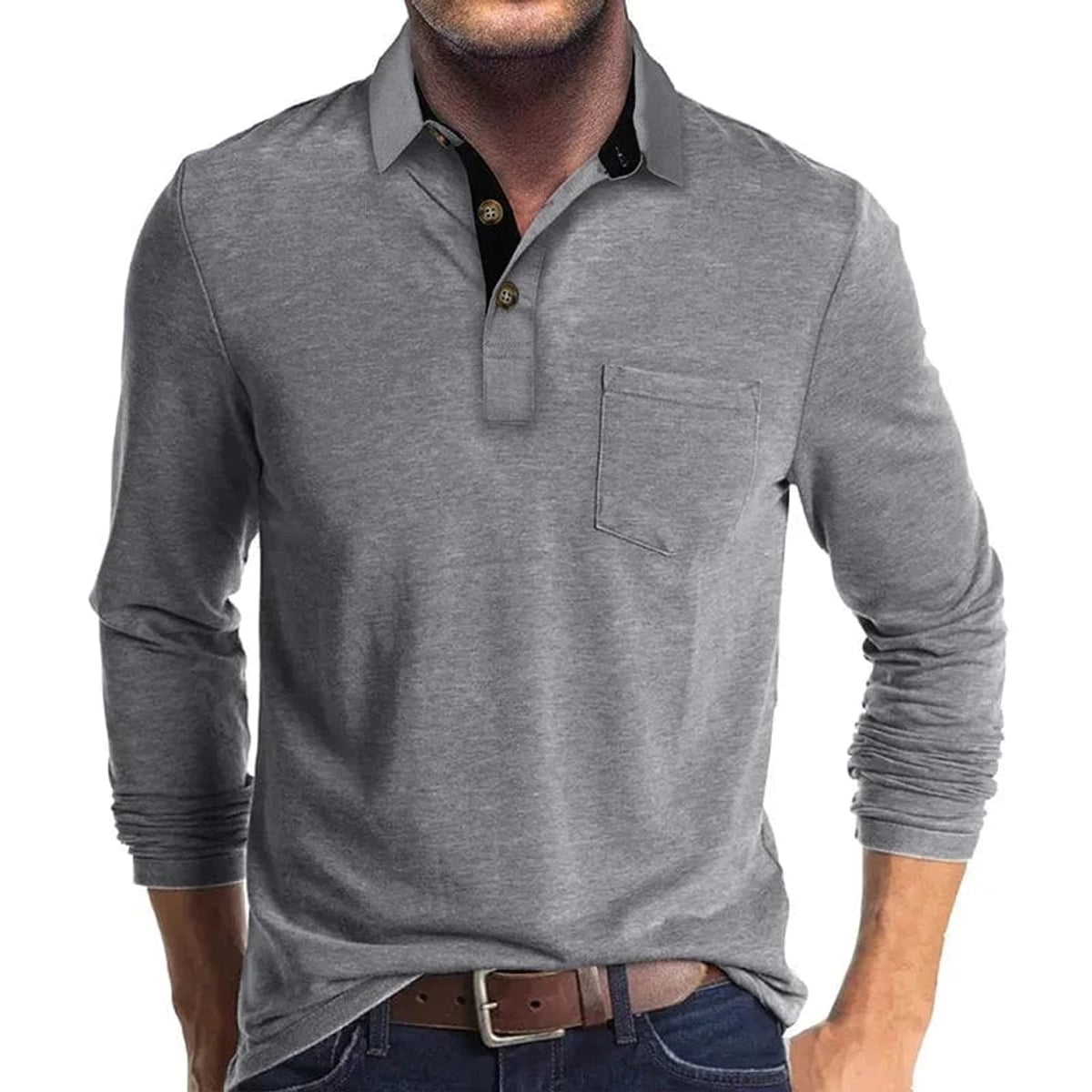 polo homme manches longues coupe régulière en gris clair