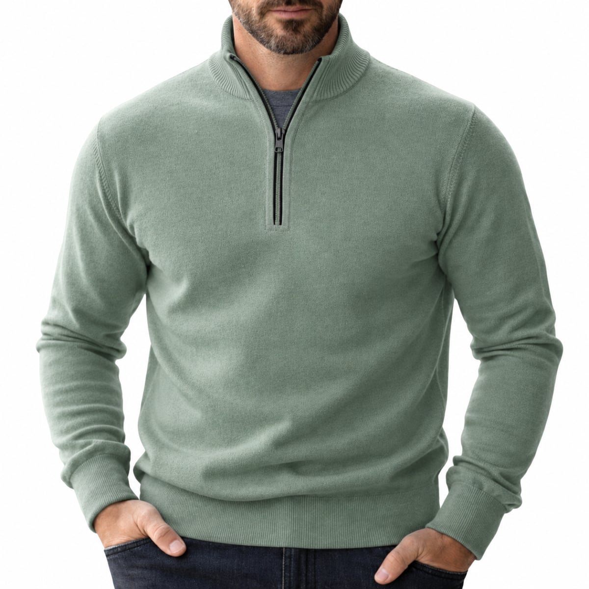 pull camionneur homme col zippé en vert
