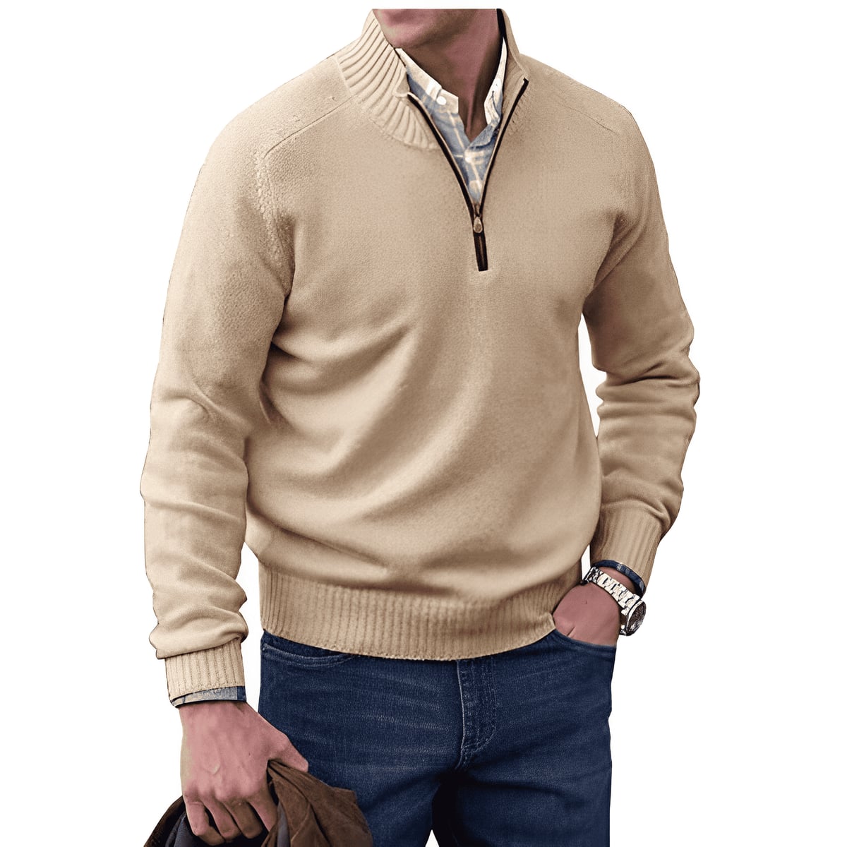 pull camionneur homme col zippé manches longues en beige