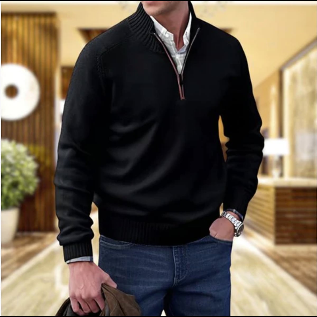pull camionneur homme col zippé manches longues en noir