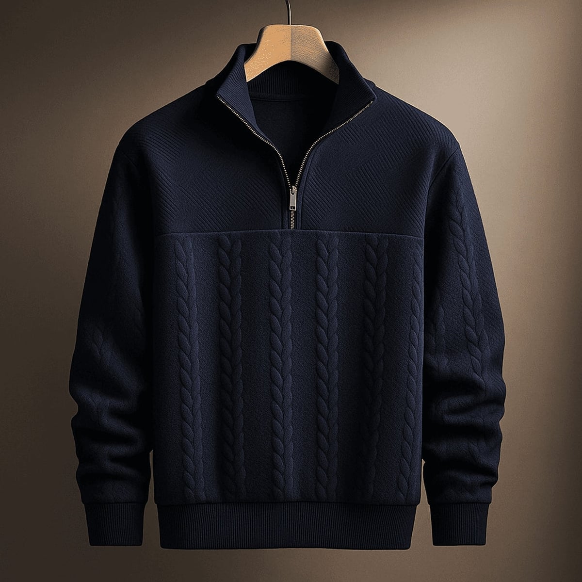pull camionneur homme col zippé torsades en bleu marine