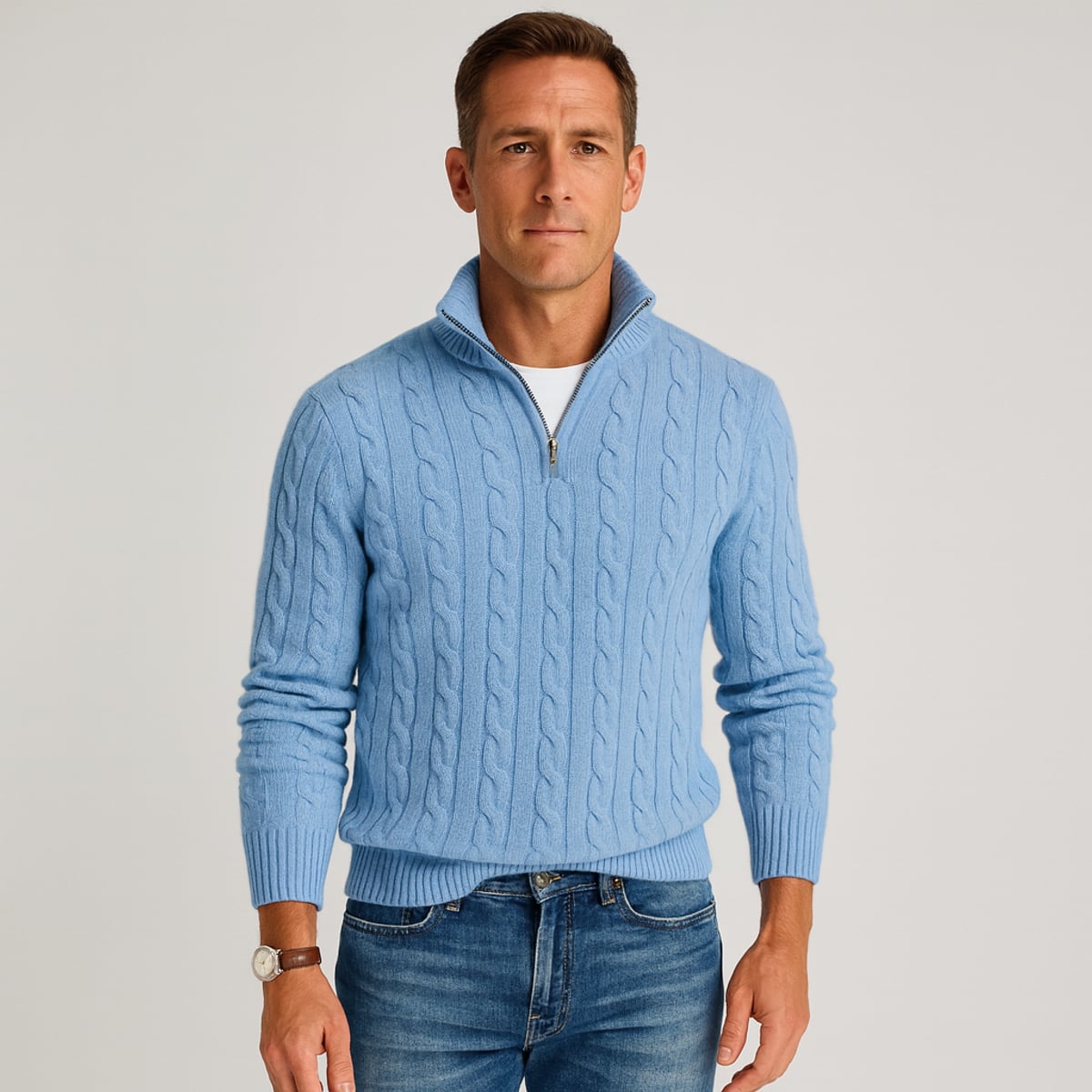 pull camionneur homme torsades demi-zip en bleu clair
