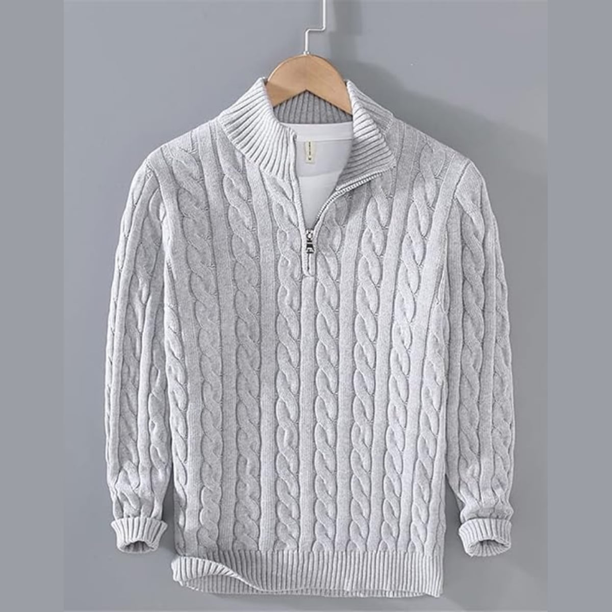 pull camionneur homme torsades demi-zip en gris