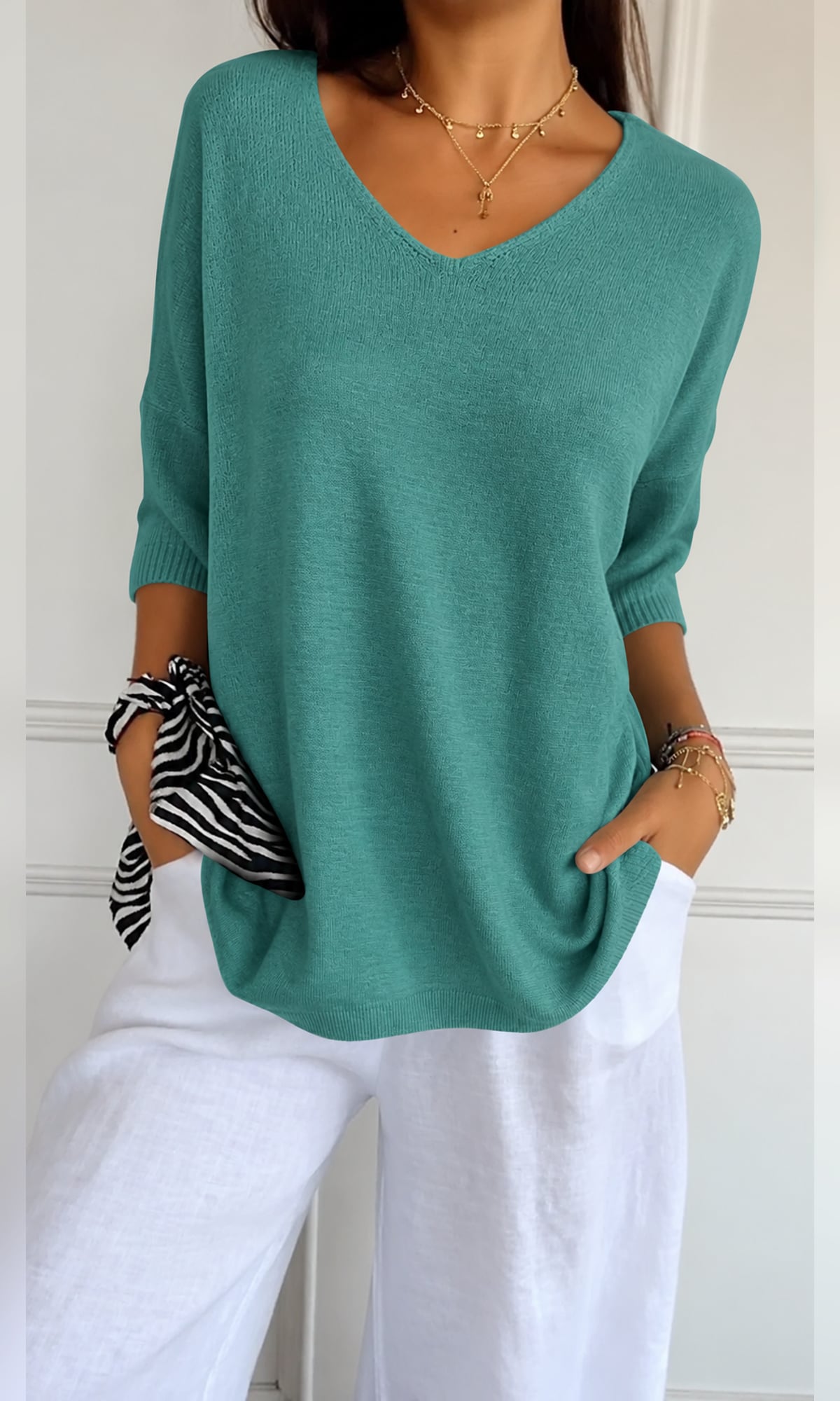 pull femme col en v manches trois-quarts oversize en vert herbe