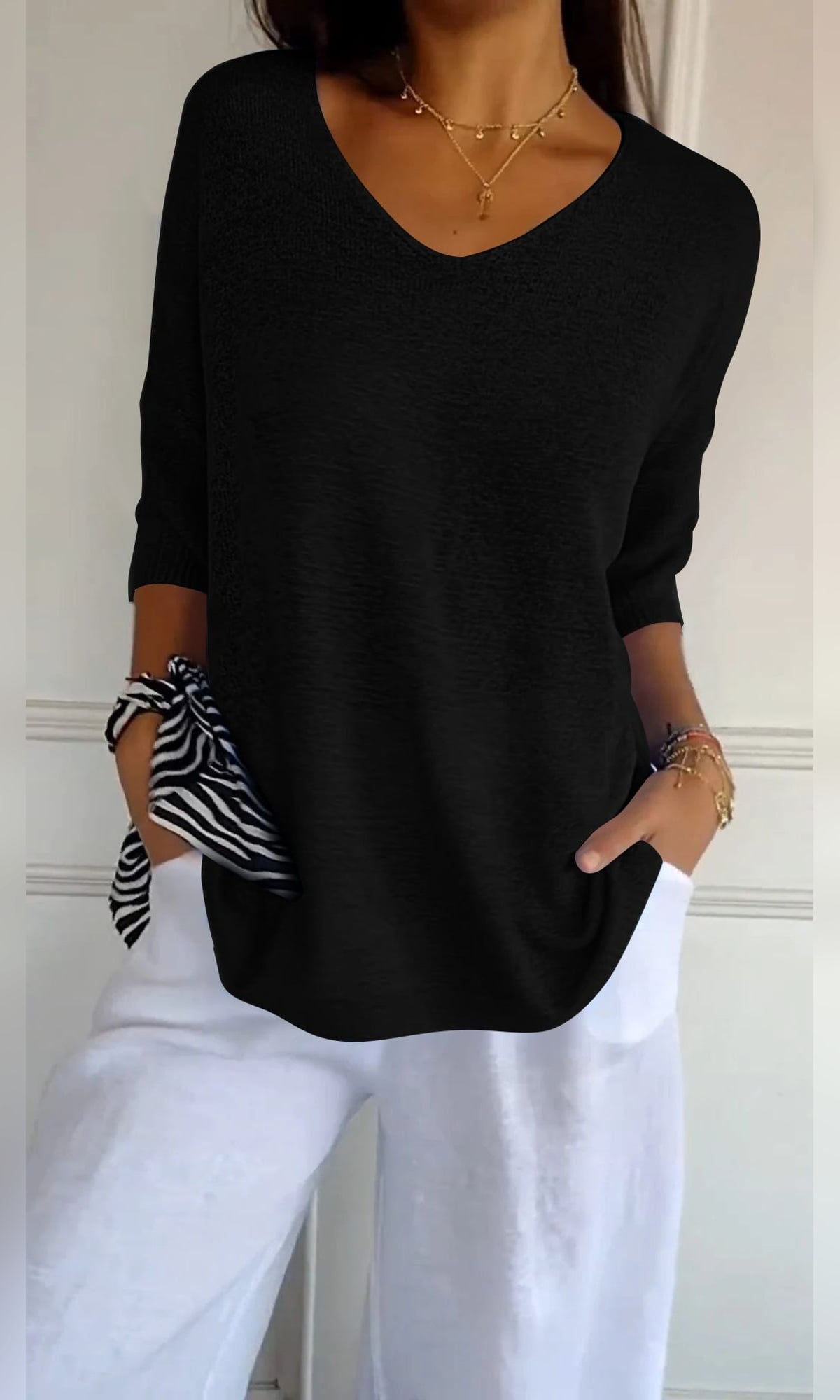 pull femme col en v manches trois-quarts oversize en noir