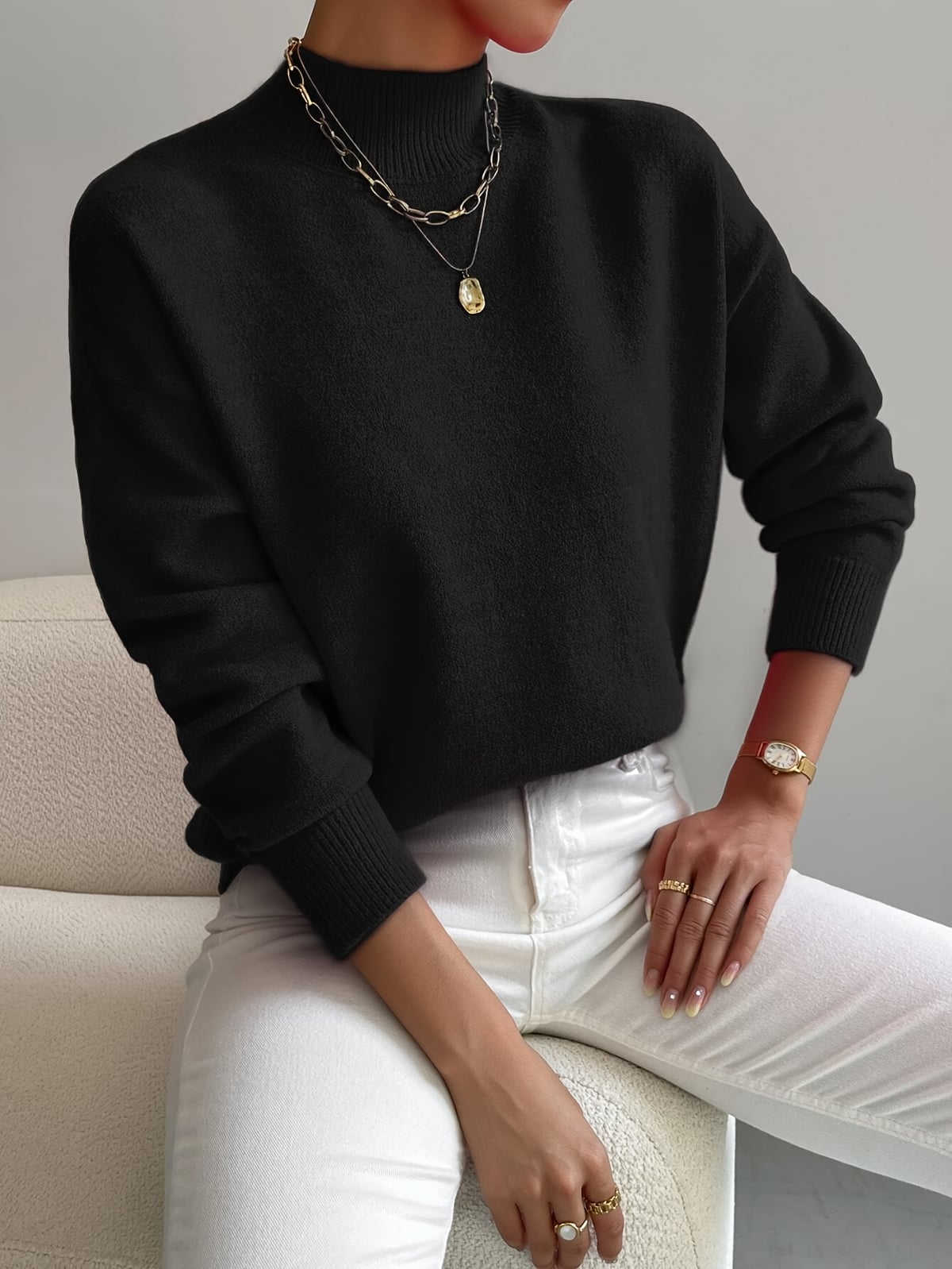 pull femme col montant manches longues noir