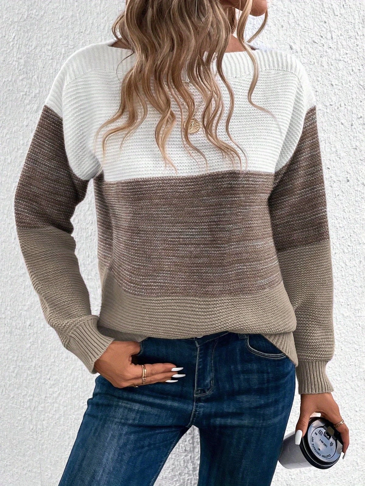 pull femme col rond color block en marron