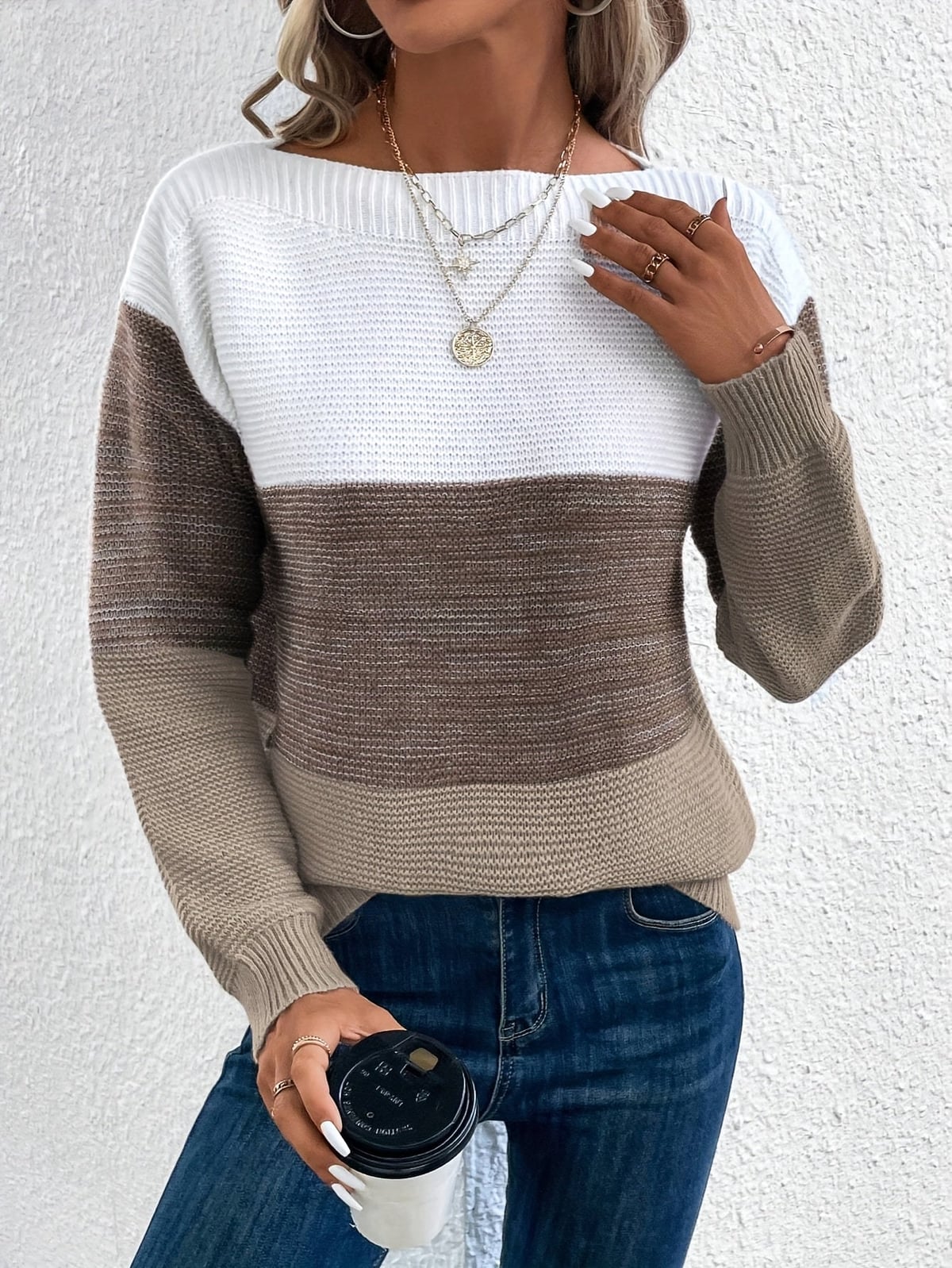 pull femme col rond color block en marron