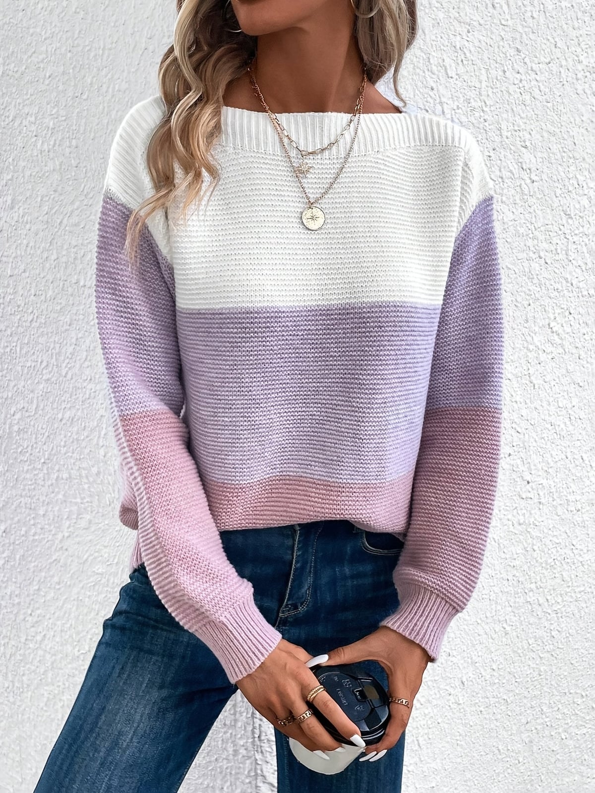 pull femme col rond color block