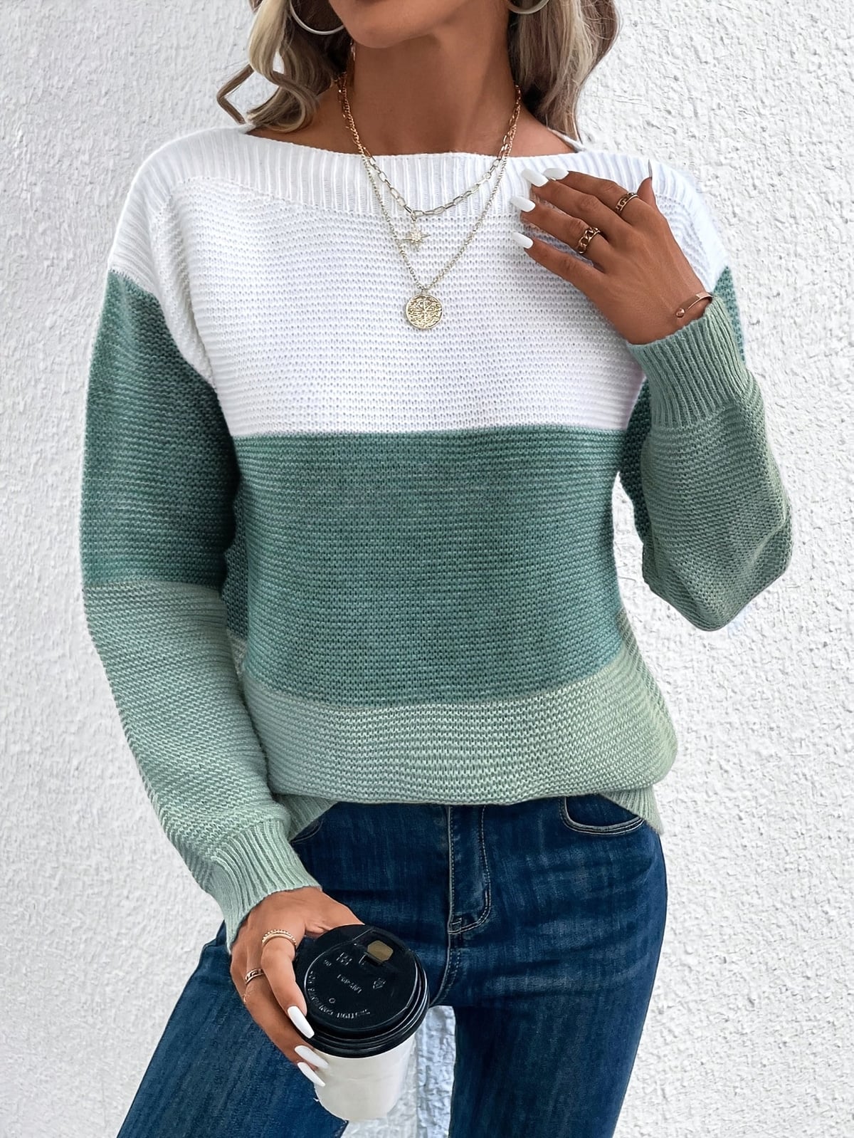 pull femme col rond color block en vert