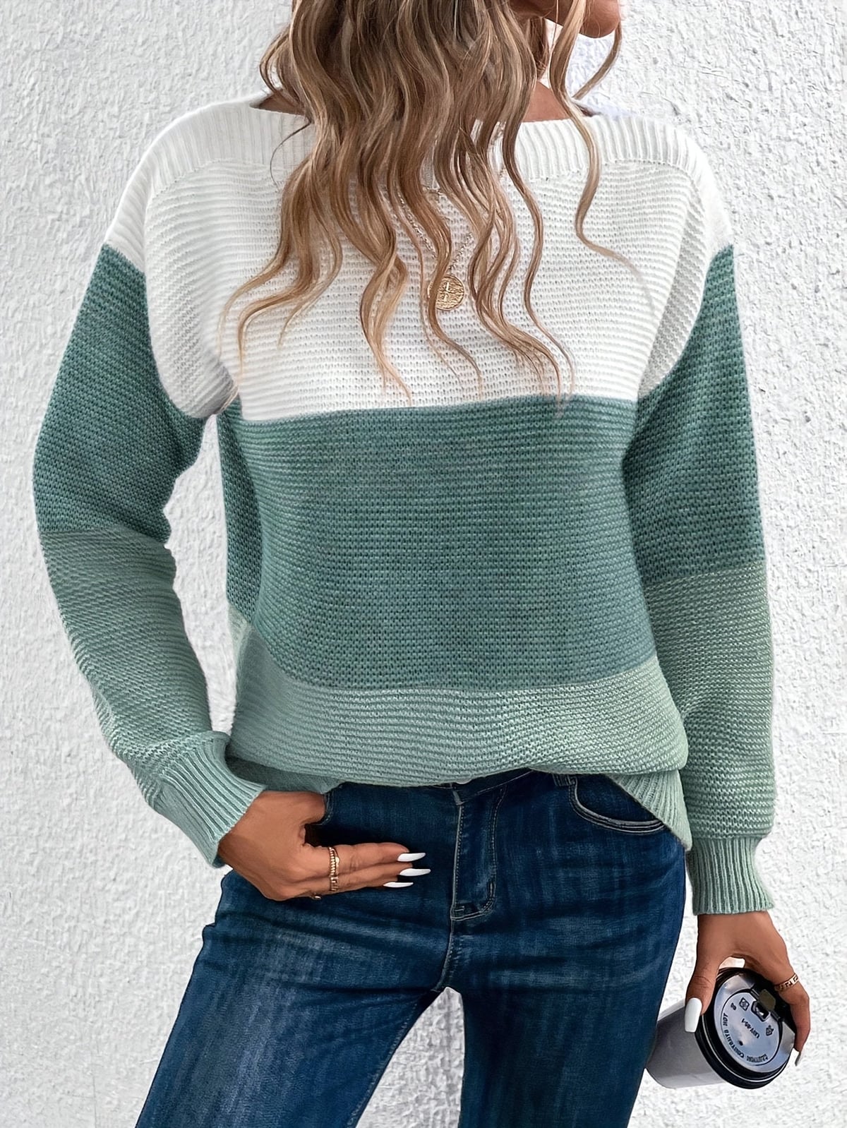 pull femme col rond color block en vert