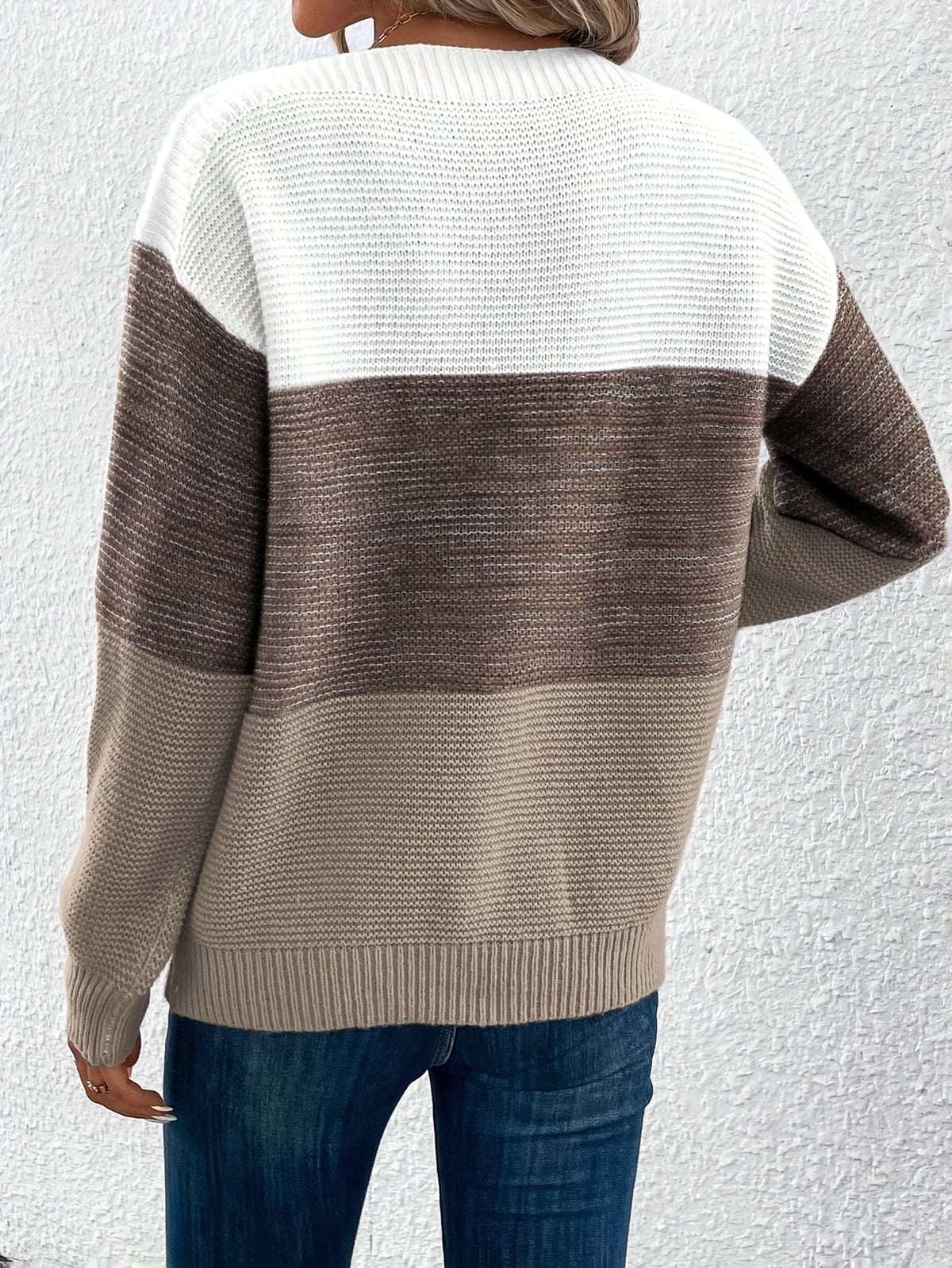 pull femme col rond color block en marron