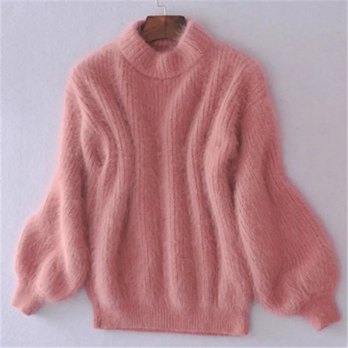 pull femme col roulé manches bouffantes en rose