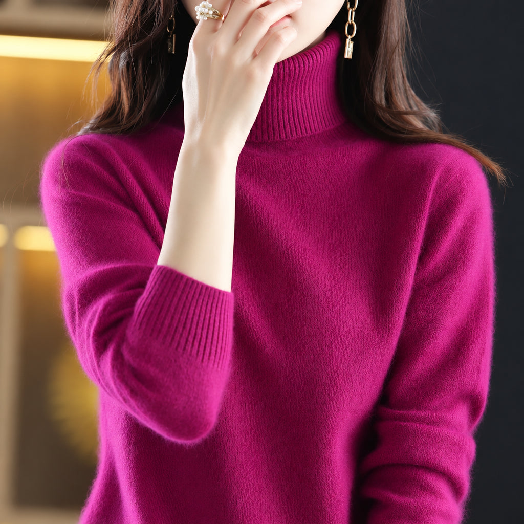 pull femme col roulé manches longues en fuchsia