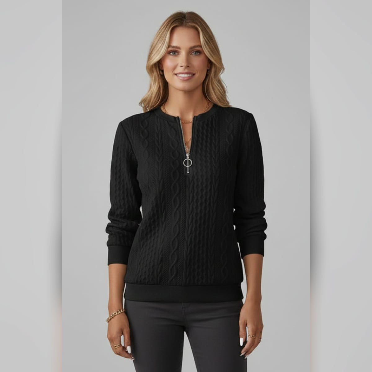 pull femme col zippé torsades en noir
